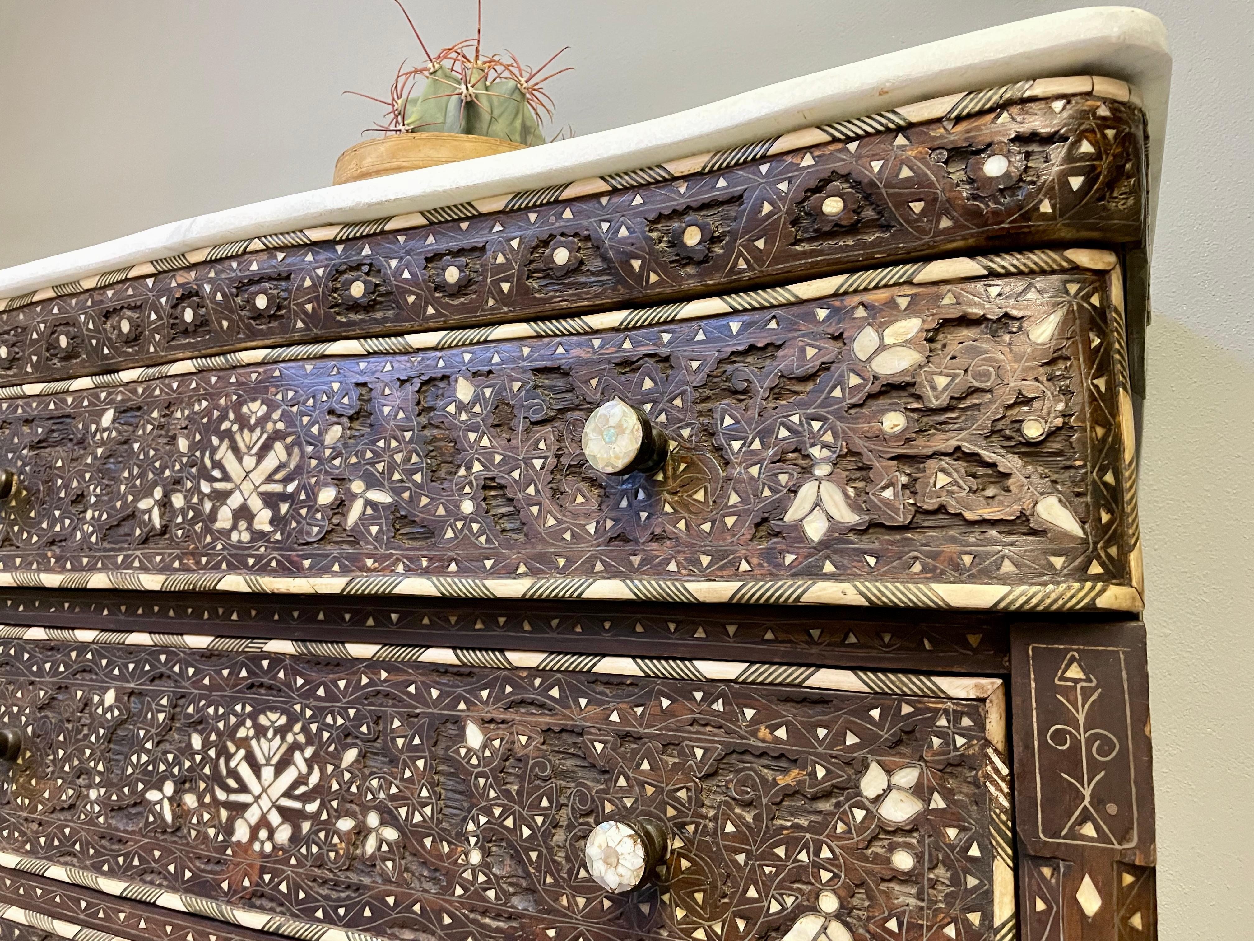 Hand-Carved Syrian Wedding Chest with Mother of Pearl Inlays and Marble Top, Mid Century For Sale