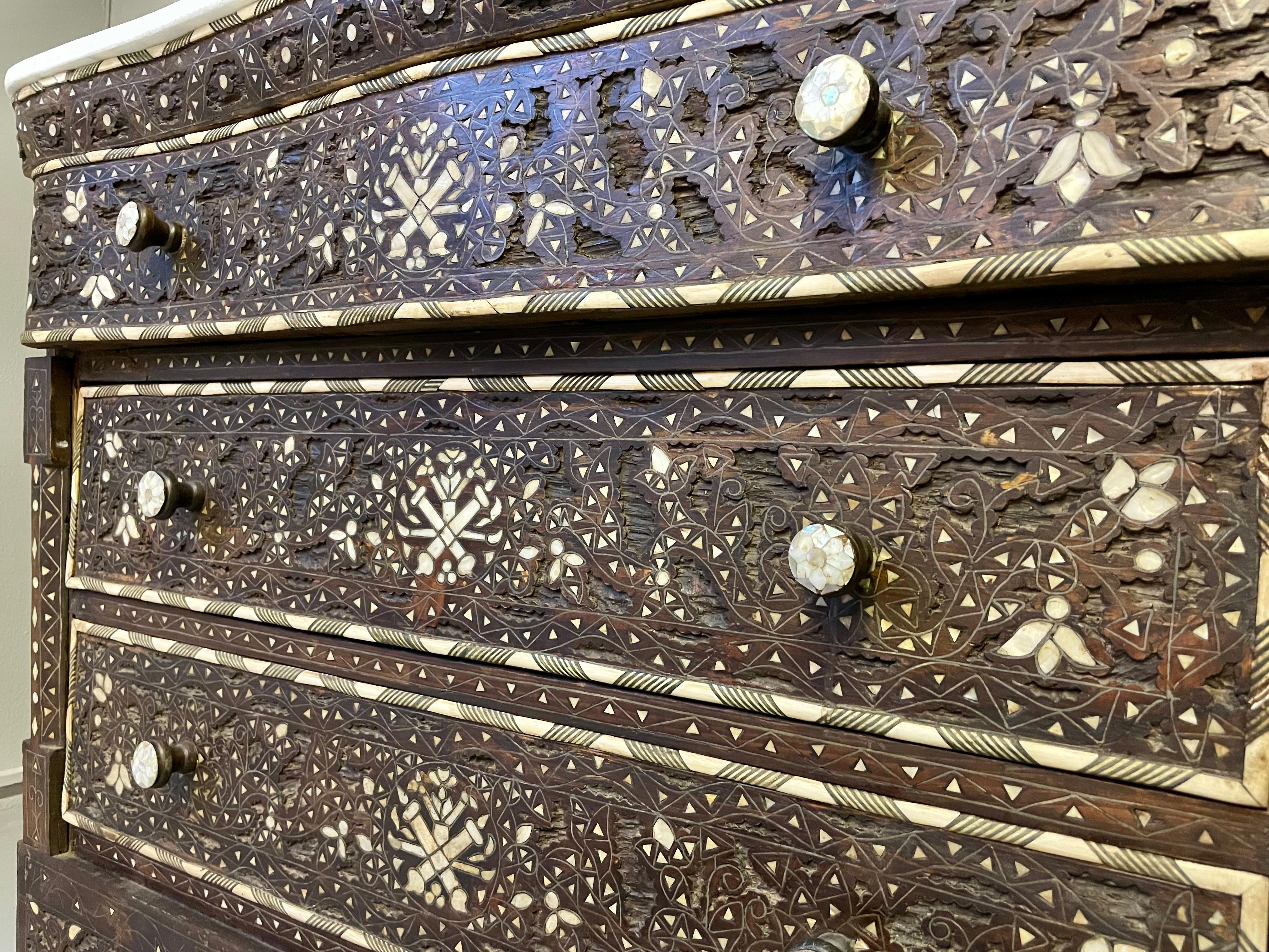 Syrian Wedding Chest with Mother of Pearl Inlays and Marble Top, Mid Century In Good Condition For Sale In Munich, DE