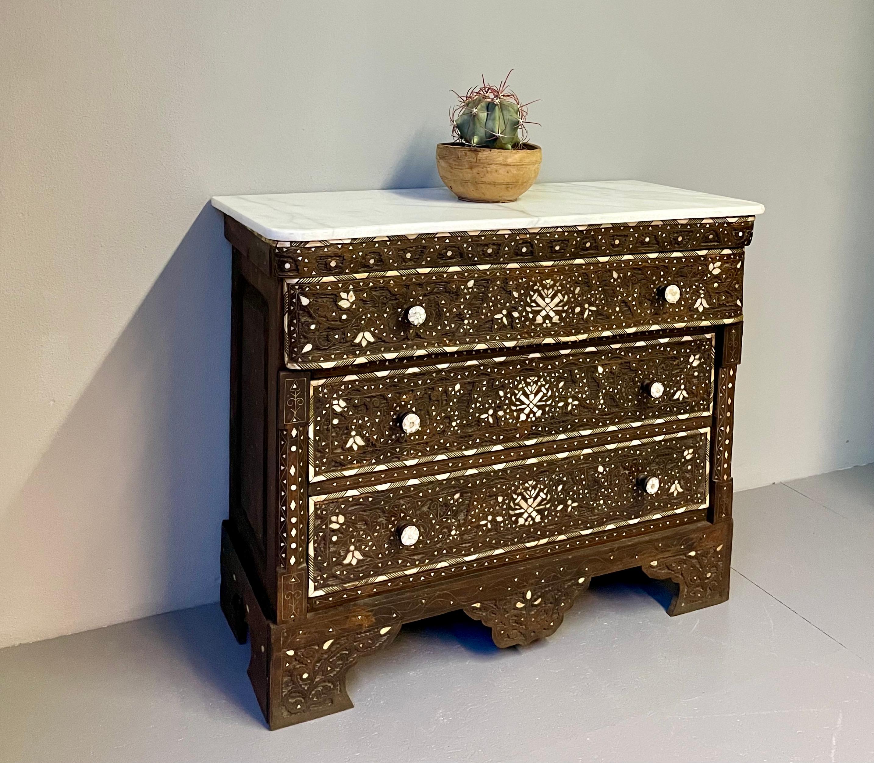 20th Century Syrian Wedding Chest with Mother of Pearl Inlays and Marble Top, Mid Century For Sale