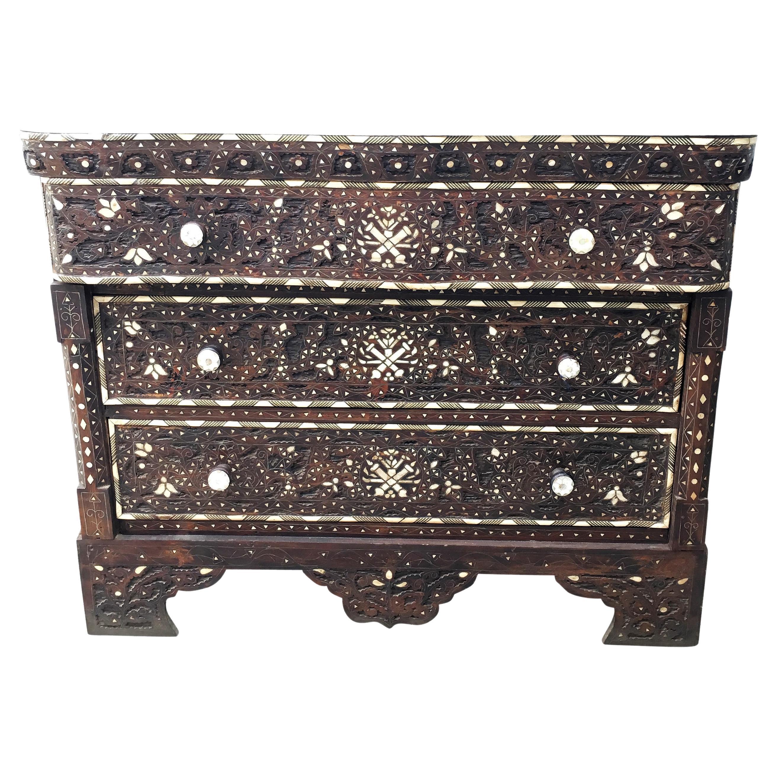 Syrian Wedding Chest with Mother of Pearl Inlays and Marble Top, Mid Century For Sale