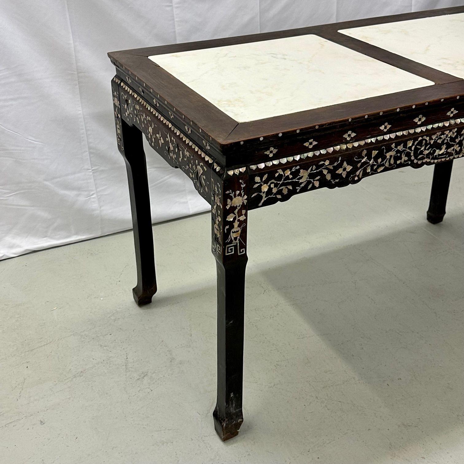Console / table d'autel syrienne en bois de rose et incrustation de nacre avec plateau en marbre en vente 4
