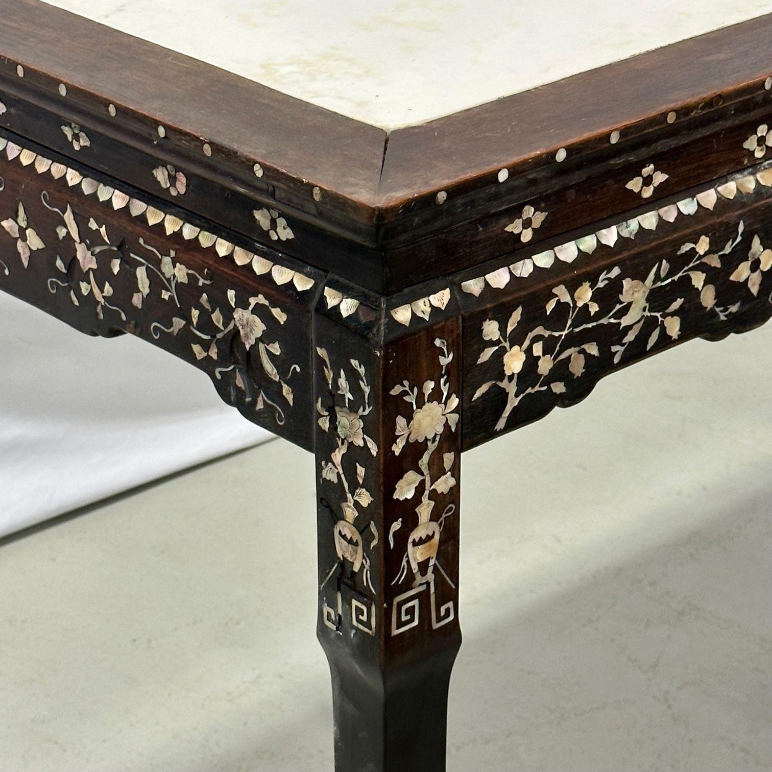 Console / table d'autel syrienne en bois de rose et incrustation de nacre avec plateau en marbre en vente 6