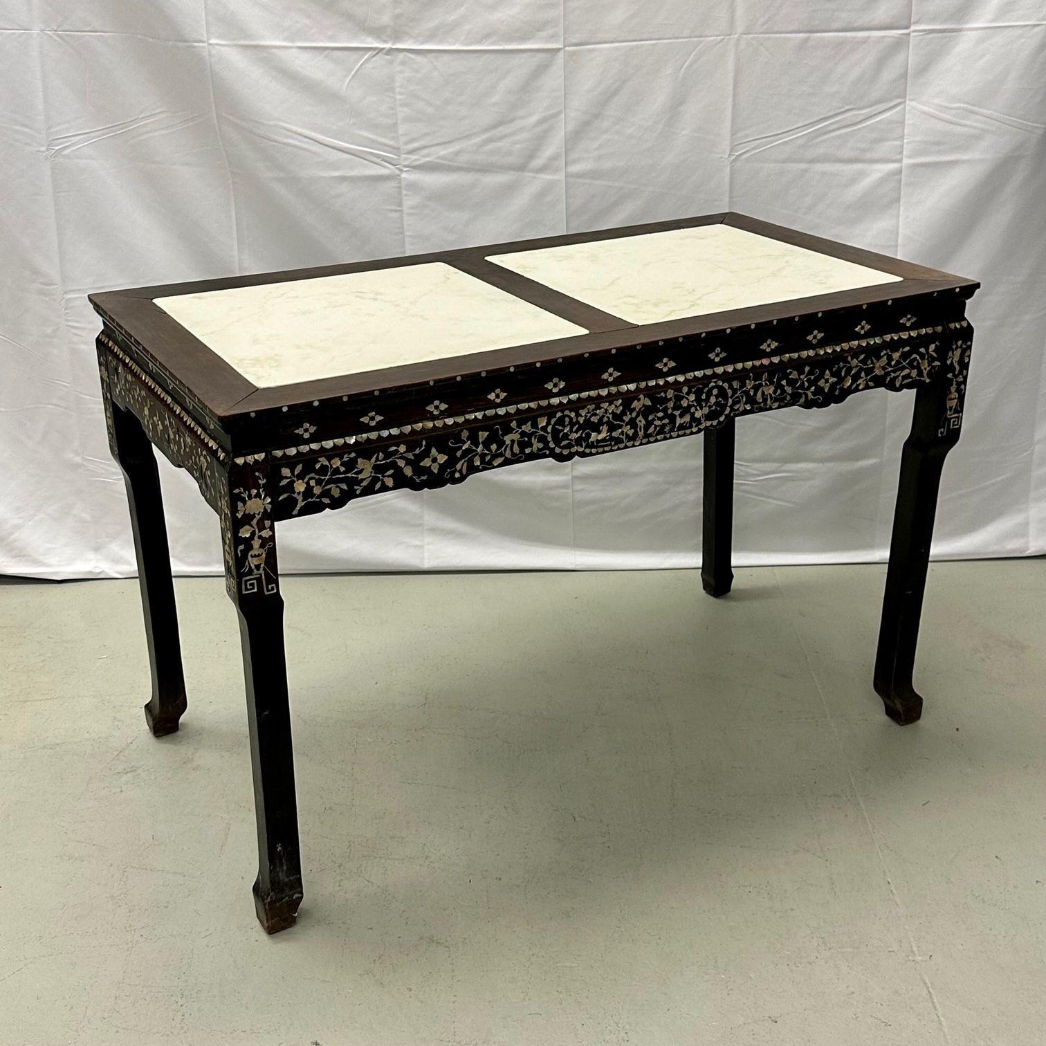 Tibetan Syrian Console / Alter Table Rosewood and Mother of Pearl Inlay with Marble Top For Sale