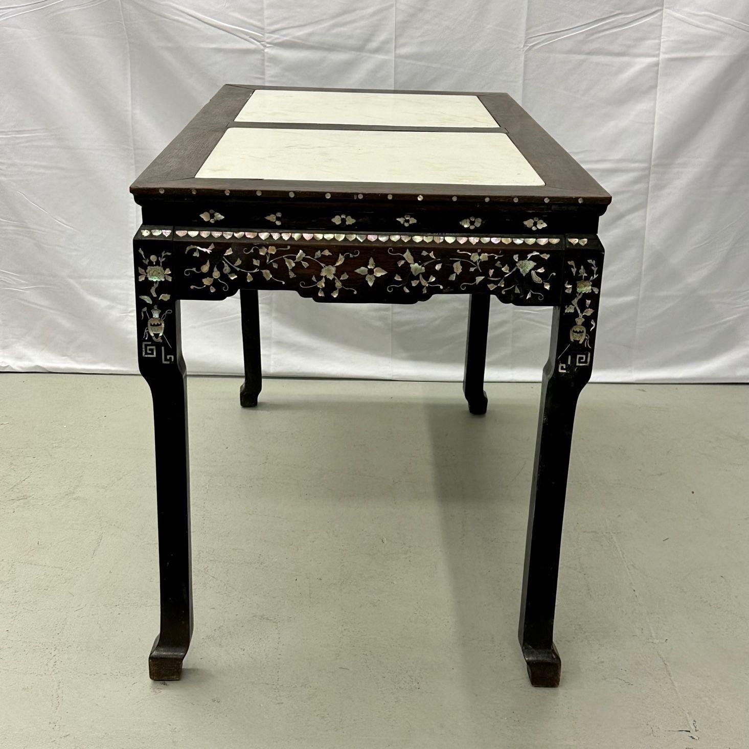 Console / table d'autel syrienne en bois de rose et incrustation de nacre avec plateau en marbre en vente 1
