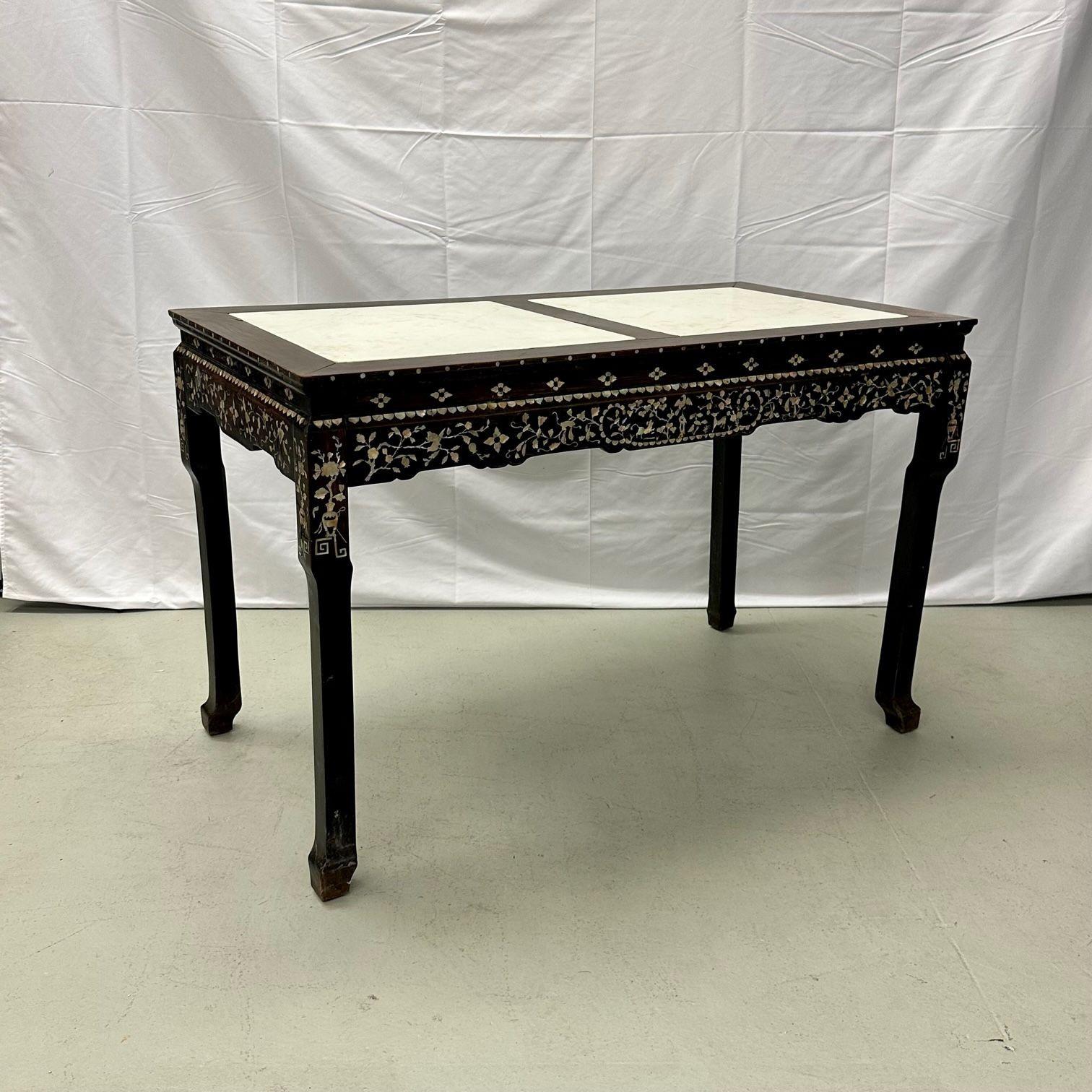 Console / table d'autel syrienne en bois de rose et incrustation de nacre avec plateau en marbre en vente 2