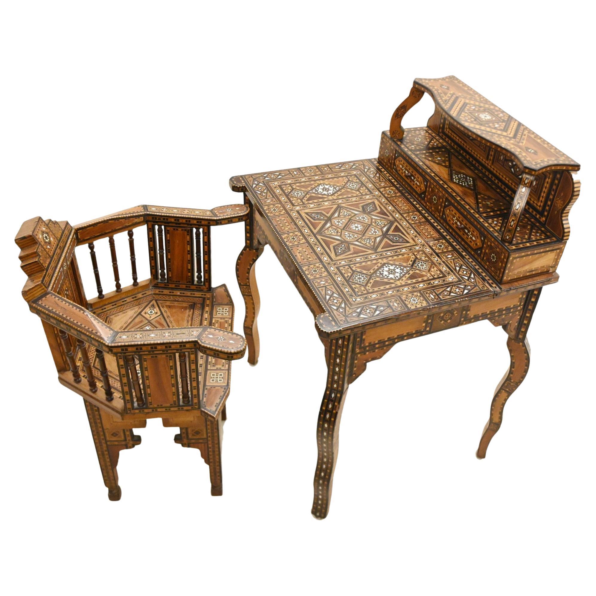 Set di scrivania e sedia siriana Damascan con intarsi arabi