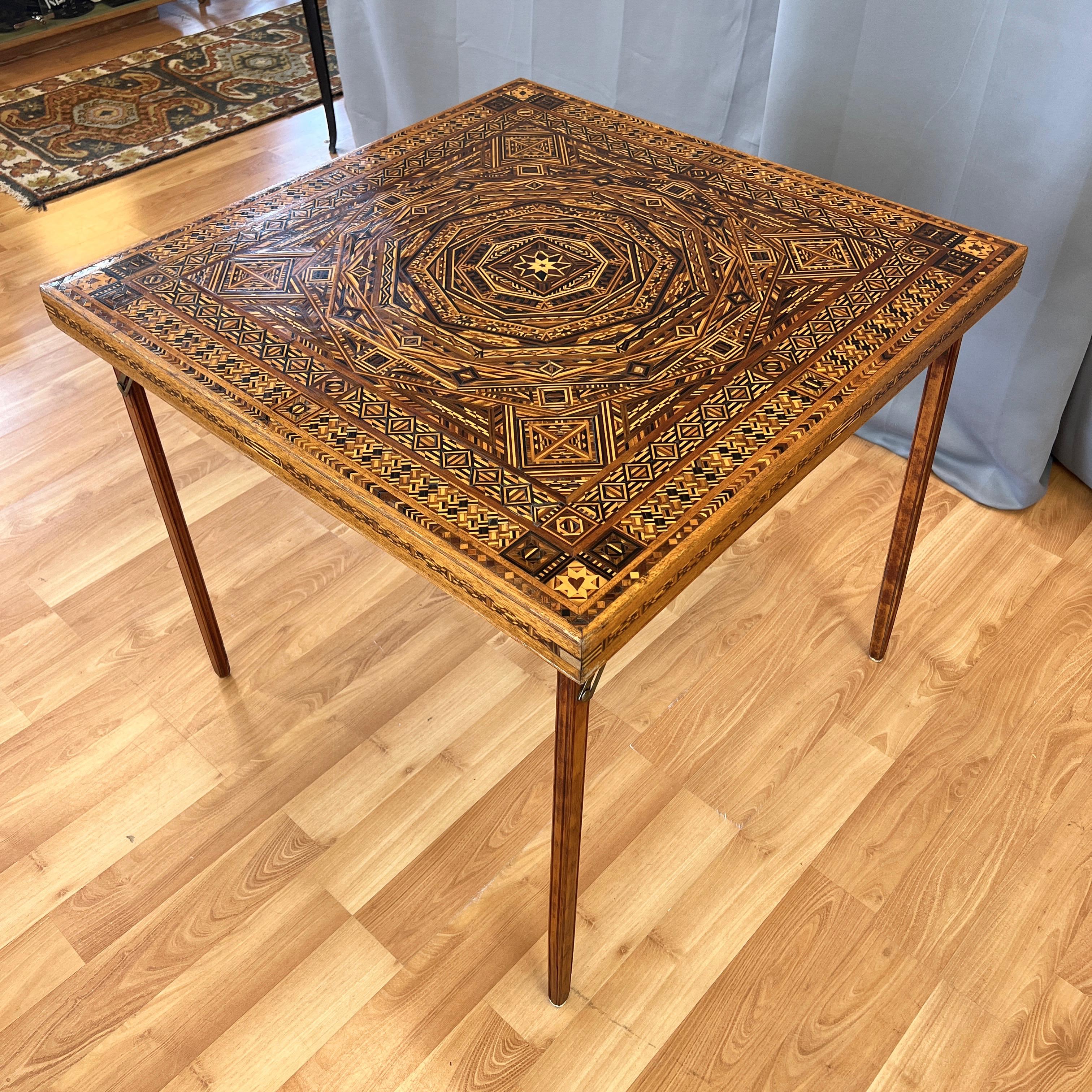 Moorish Syrian-Style Exceptionally Intricate Wood Marquetry Folding Card Table, 1930s
