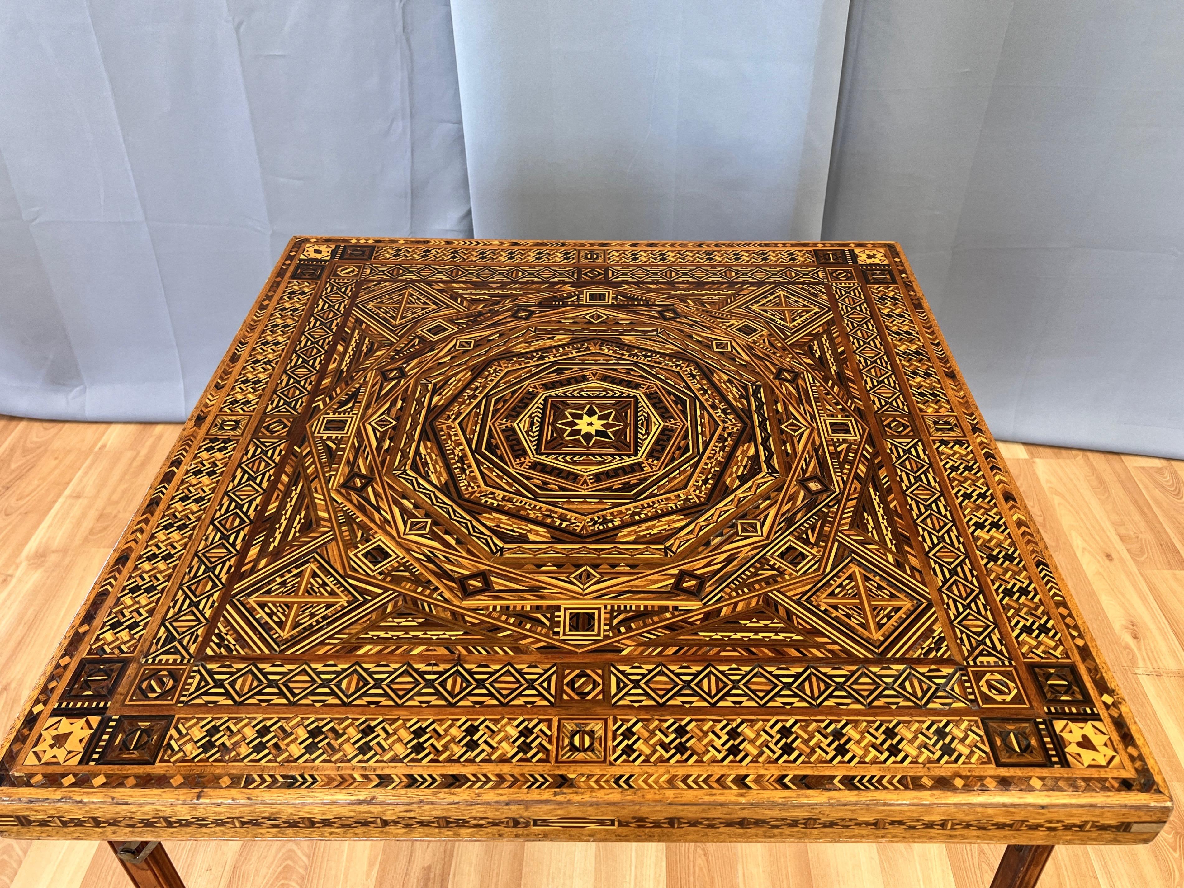 Syrian-Style Exceptionally Intricate Wood Marquetry Folding Card Table, 1930s In Good Condition For Sale In San Francisco, CA