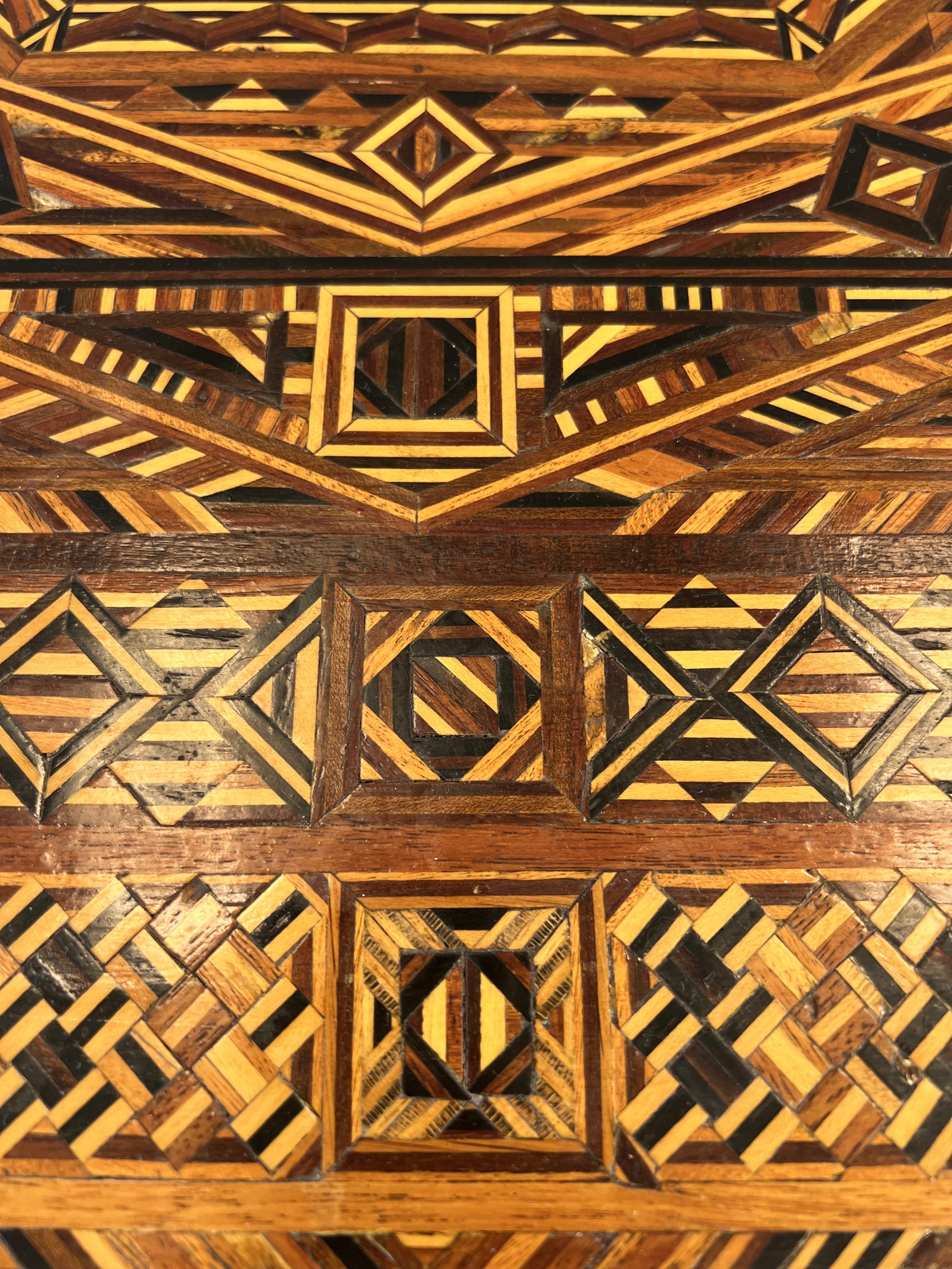 Metal Syrian-Style Exceptionally Intricate Wood Marquetry Folding Card Table, 1930s For Sale