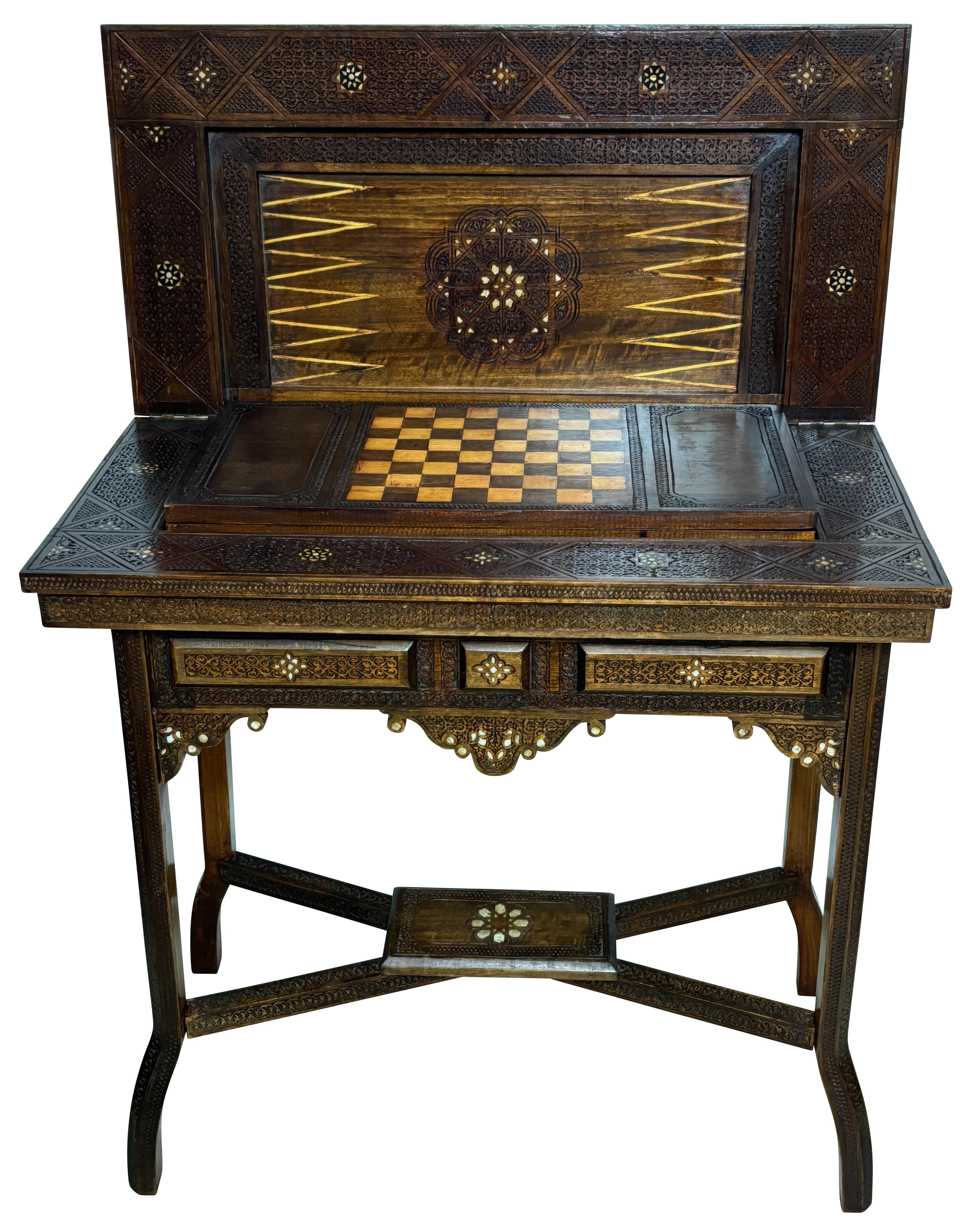 Moorish Syrian Game Table Carved Walnut with Inlay, Early 20th Century For Sale