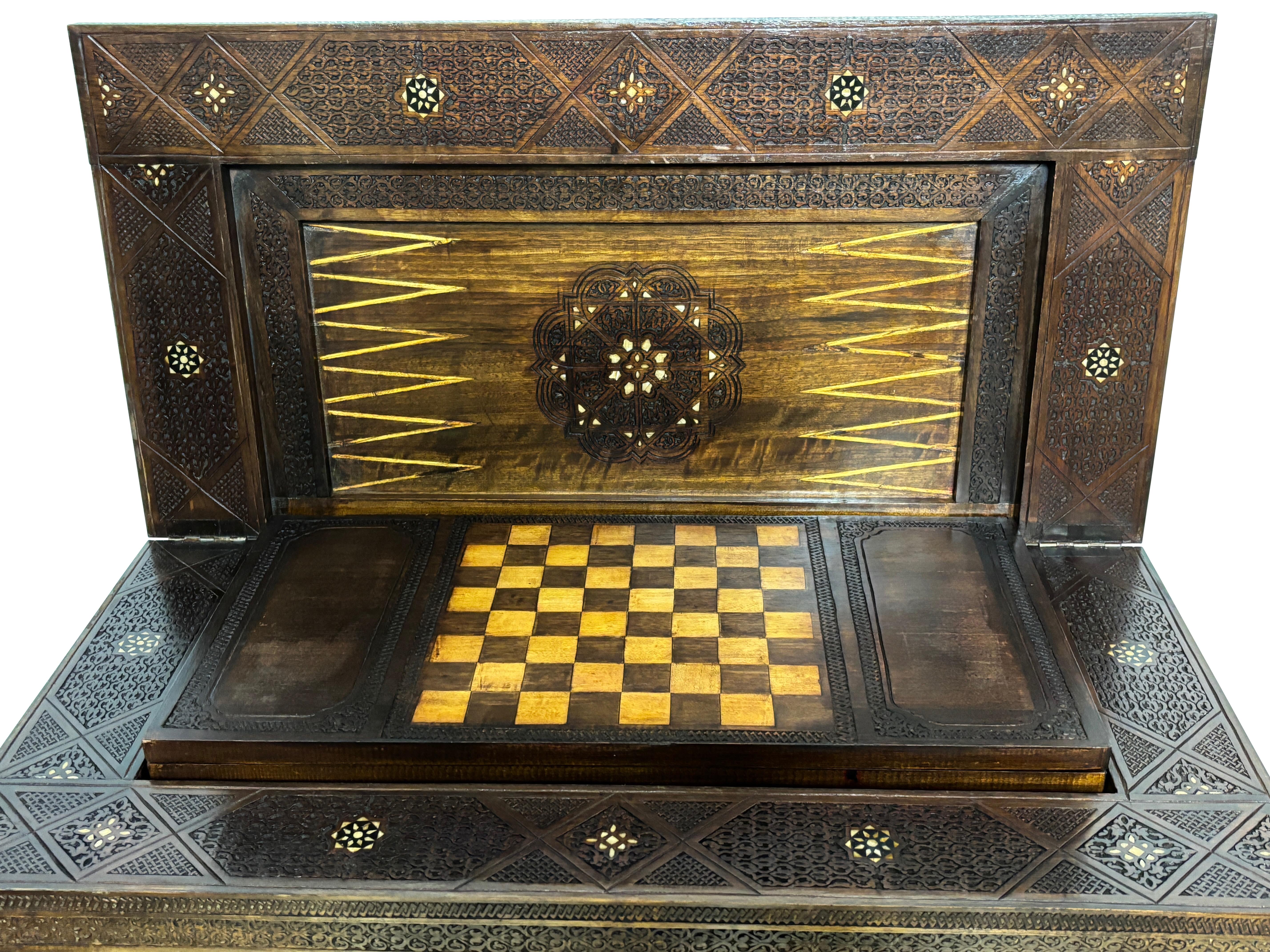 Bone Syrian Game Table Carved Walnut with Inlay, Early 20th Century For Sale
