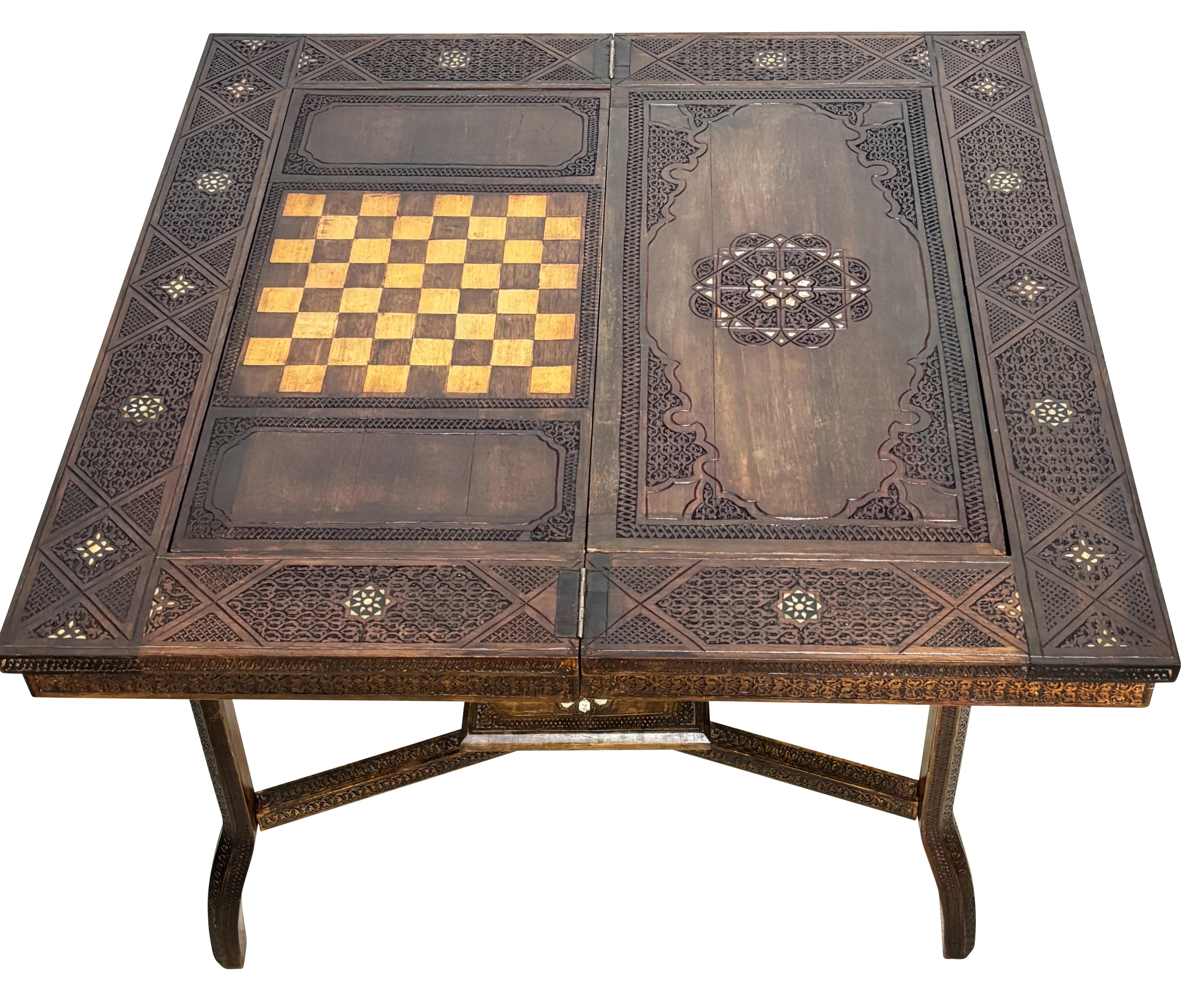 Syrian Game Table Carved Walnut with Inlay, Early 20th Century For Sale 1
