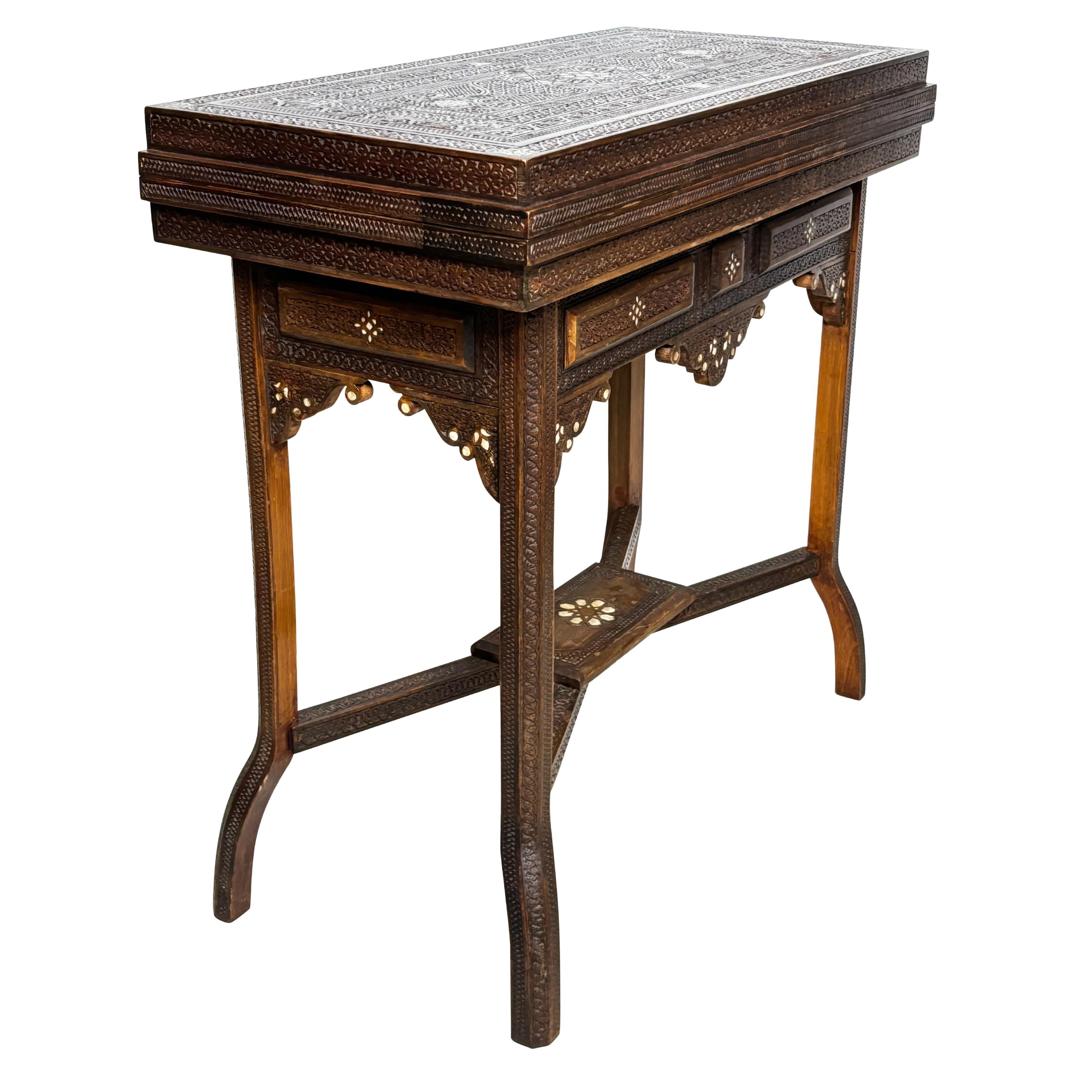 Syrian Game Table Carved Walnut with Inlay, Early 20th Century For Sale