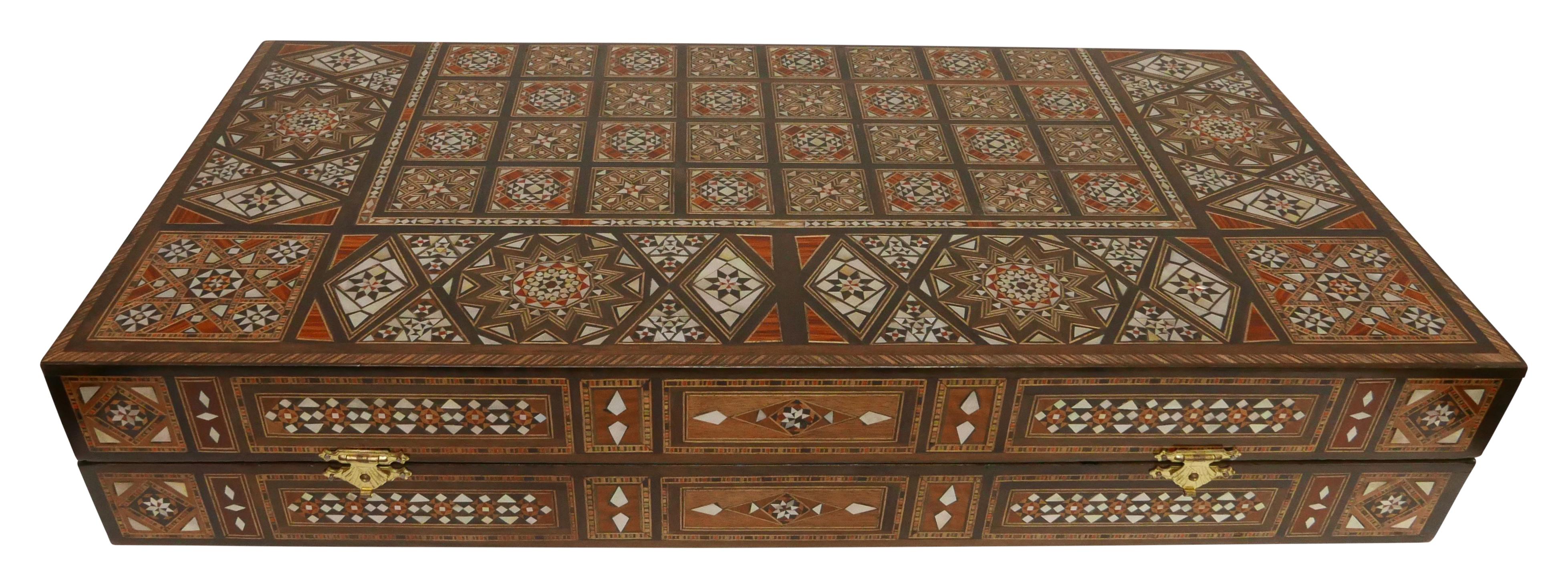Mother-of-Pearl Syrian Inlaid Marquetry Mosaic Backgammon and Chess Game Box