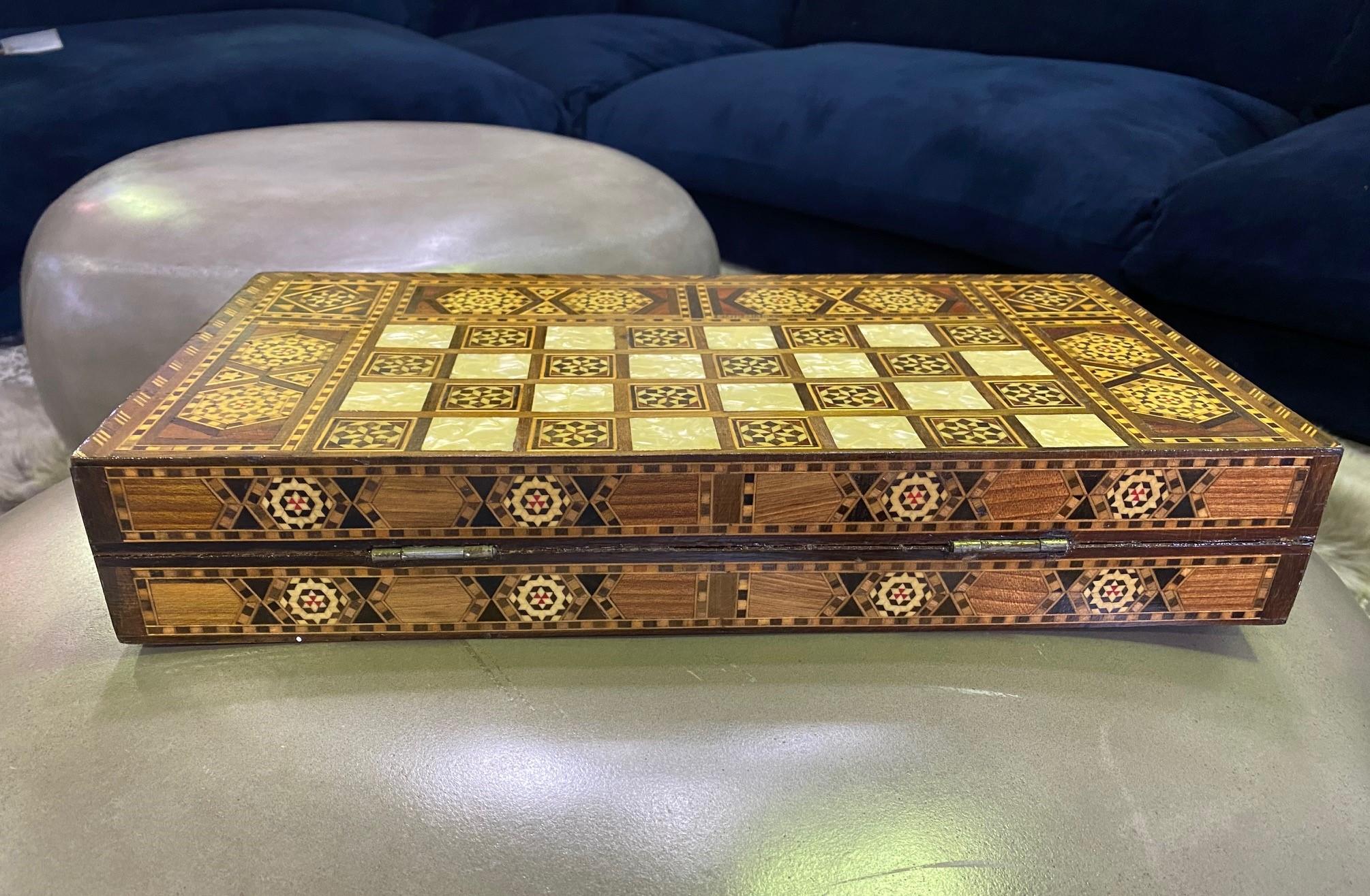 Hand-Crafted Syrian Moorish Inlaid Mosaic Backgammon and Chess Wooden Game Board Box