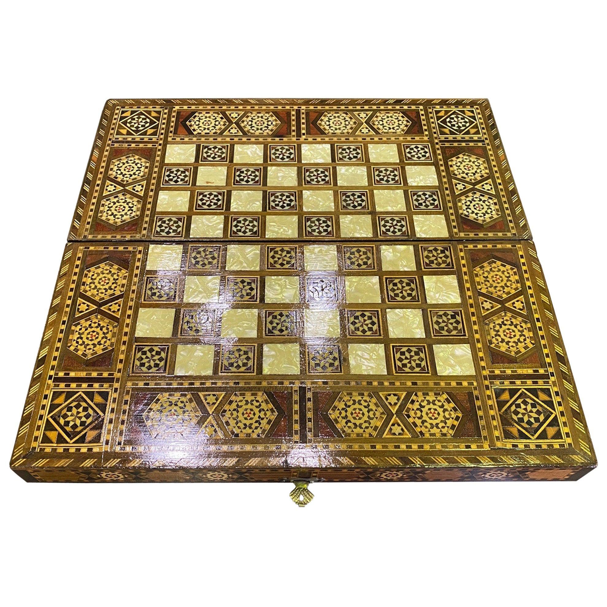 Syrian Moorish Inlaid Mosaic Backgammon and Chess Wooden Game Board Box