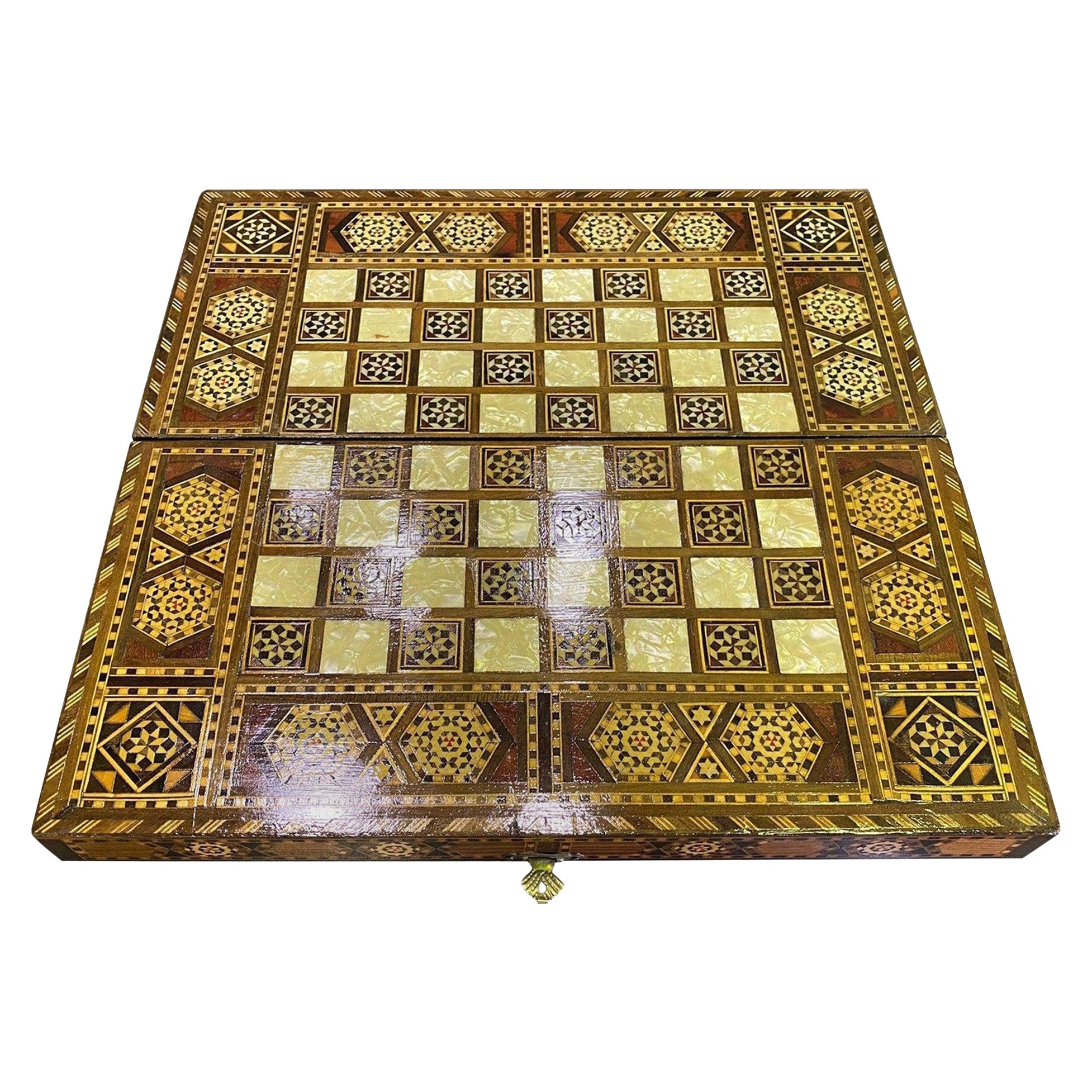 Syrian Moorish Inlaid Mosaic Backgammon and Chess Wooden Game Board Box