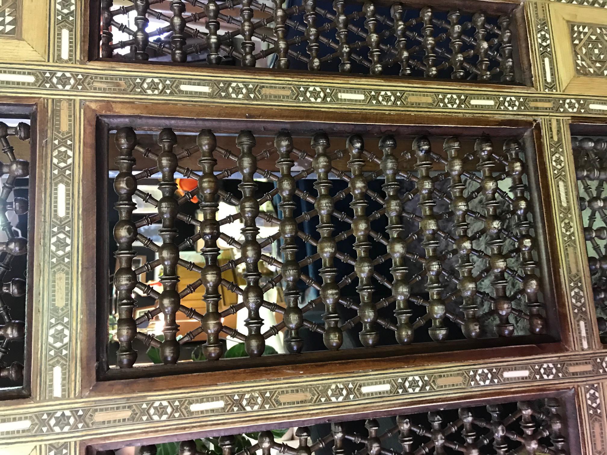 Hand-Crafted Syrian Moorish Inlaid Stick and Ball Three Panel Heavy Ornate Wood Screen