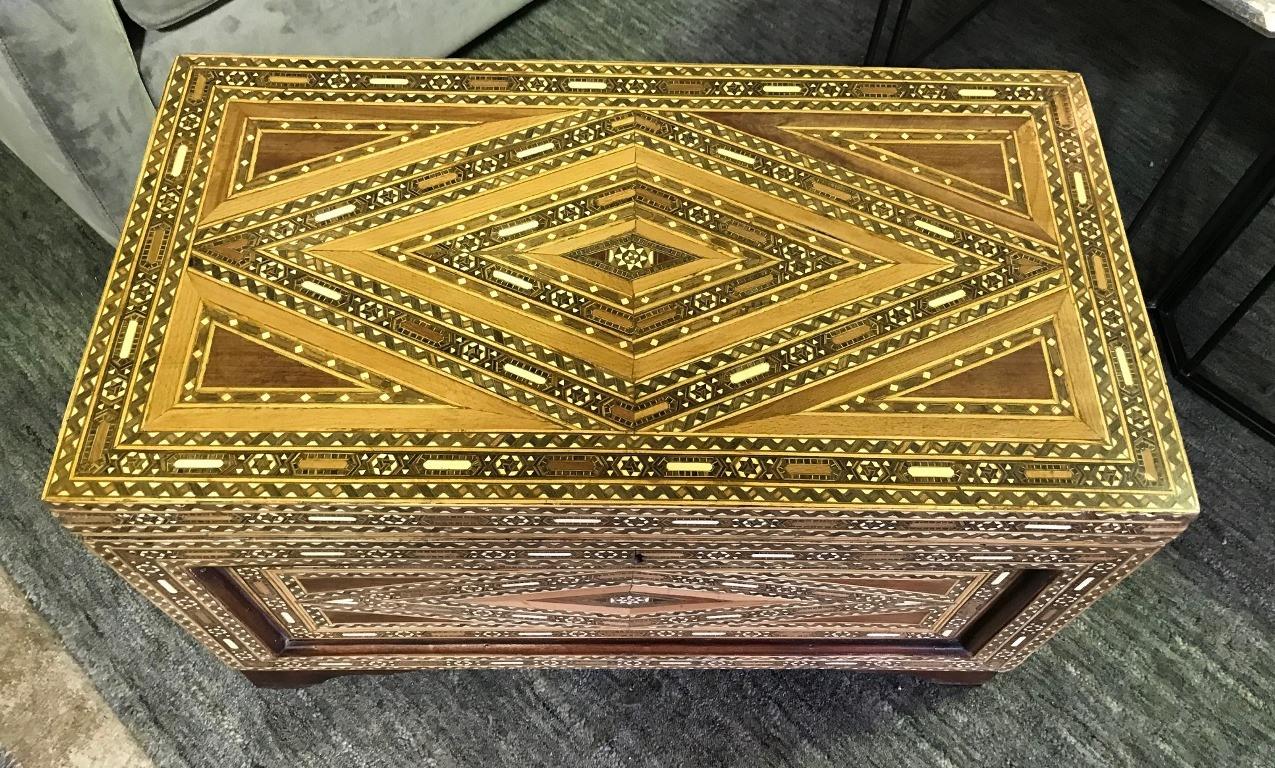 Hand-Crafted Syrian Moorish Mother of Pearl Inlaid Mosaic Trunk Large Wood Box