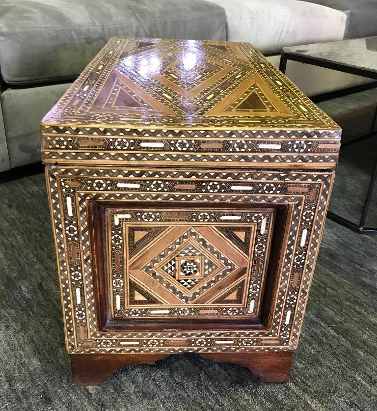 20th Century Syrian Moorish Mother of Pearl Inlaid Mosaic Trunk Large Wood Box