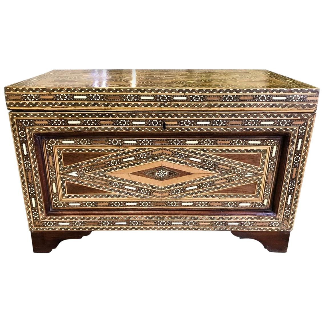 Syrian Moorish Mother of Pearl Inlaid Mosaic Trunk Large Wood Box