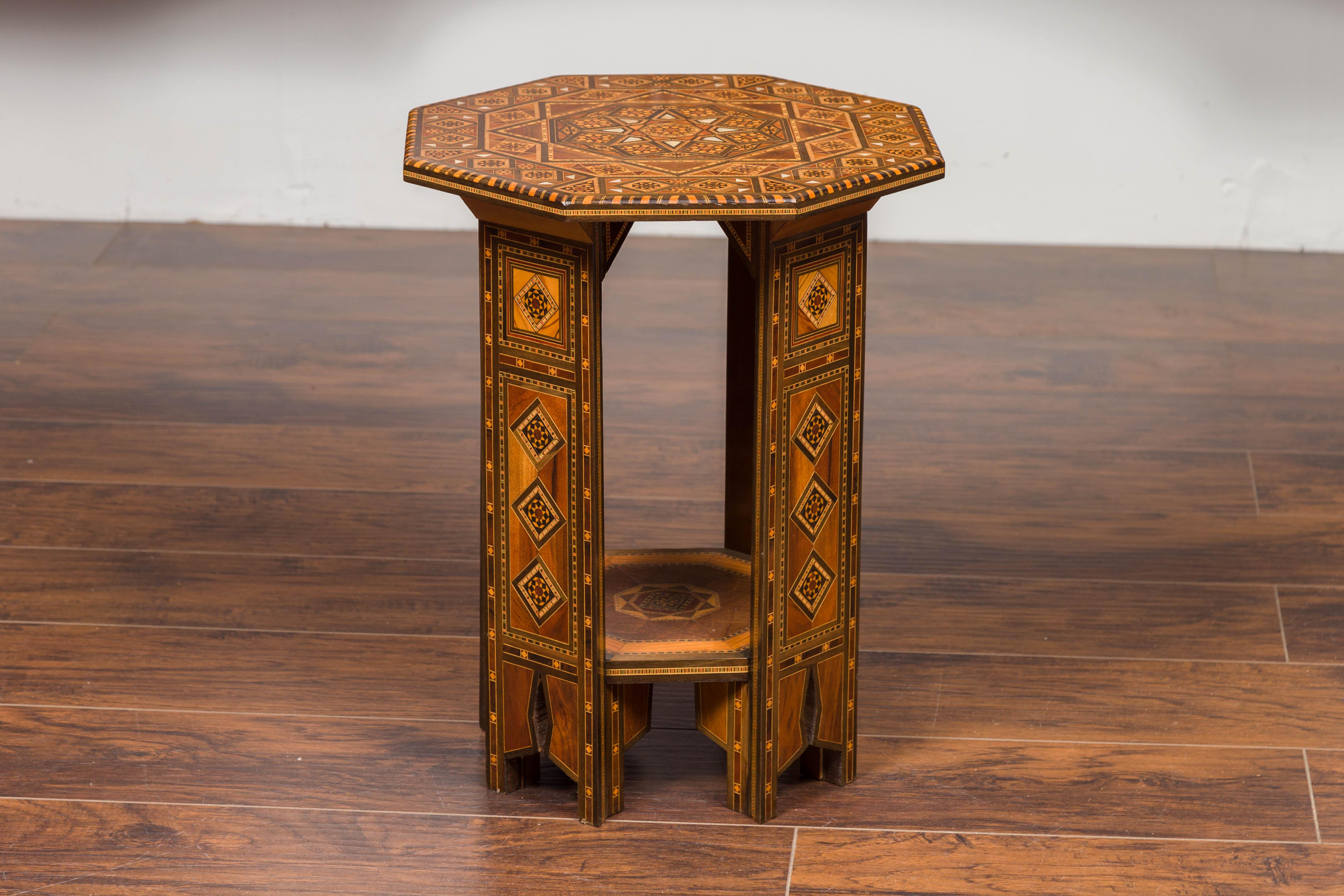 Syrian Moorish Style 1920s Painted Octagonal Table with Pierced Sides and Shelf 10