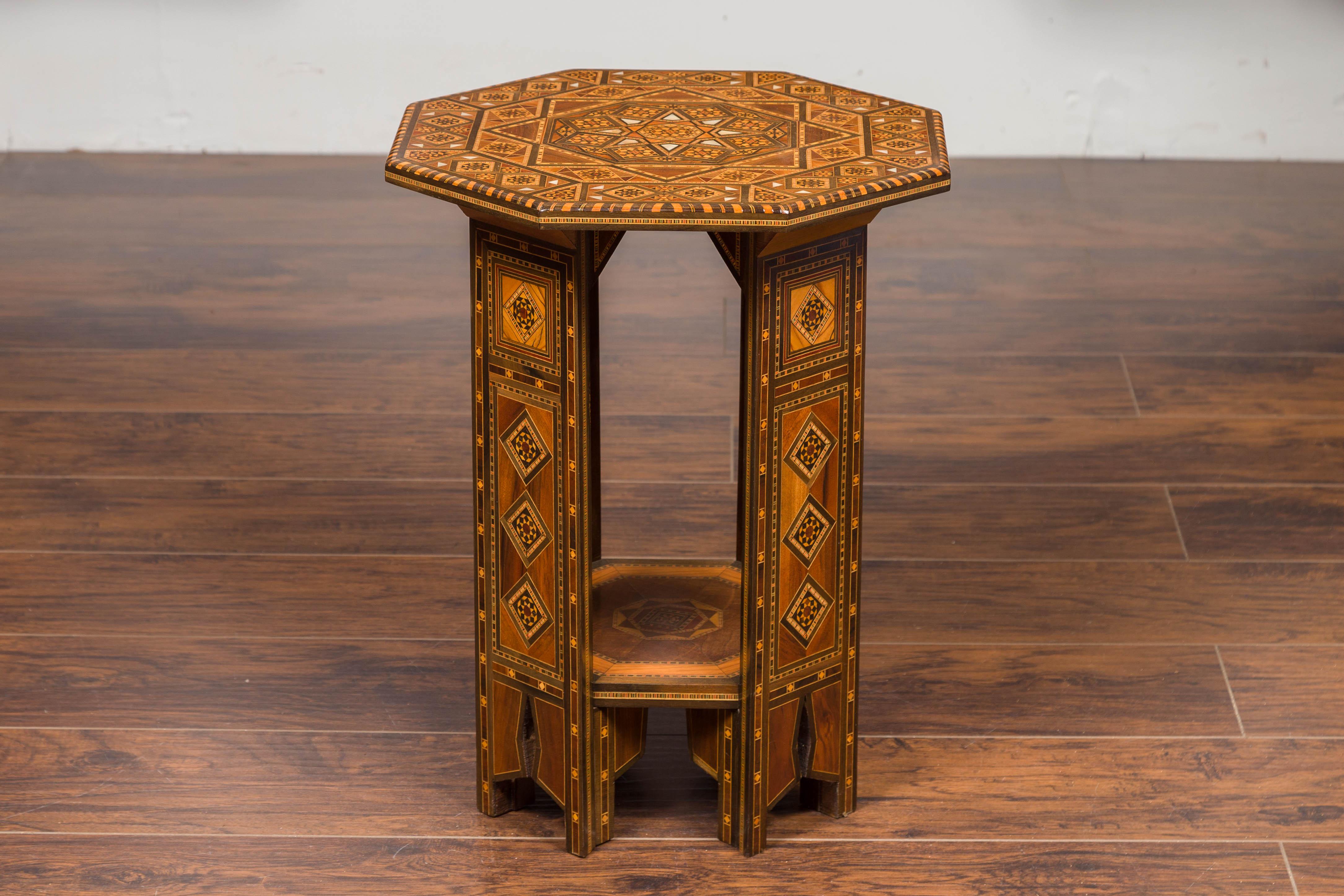 Syrian Moorish Style 1920s Painted Octagonal Table with Pierced Sides and Shelf 11