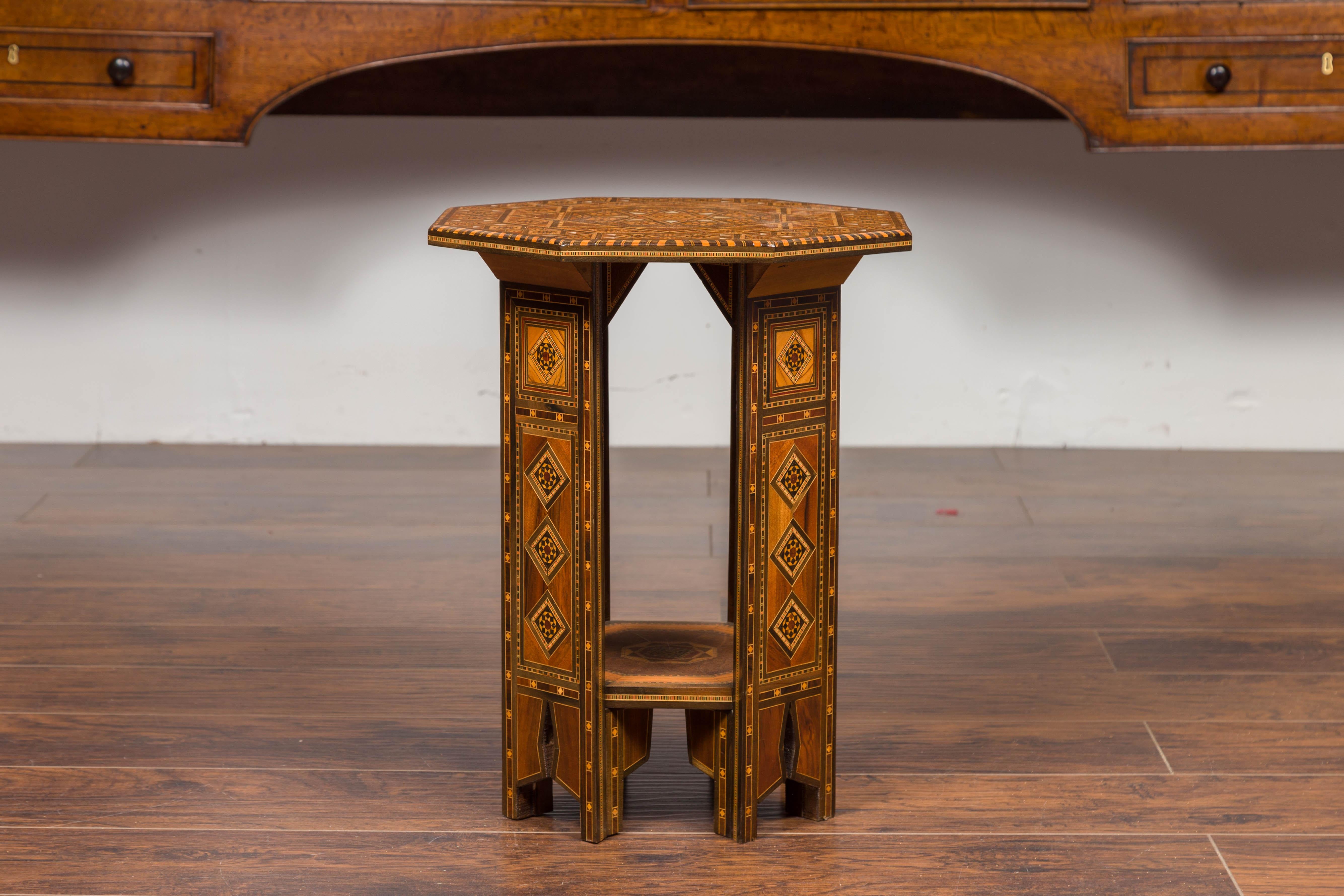 Polychromed Syrian Moorish Style 1920s Painted Octagonal Table with Pierced Sides and Shelf