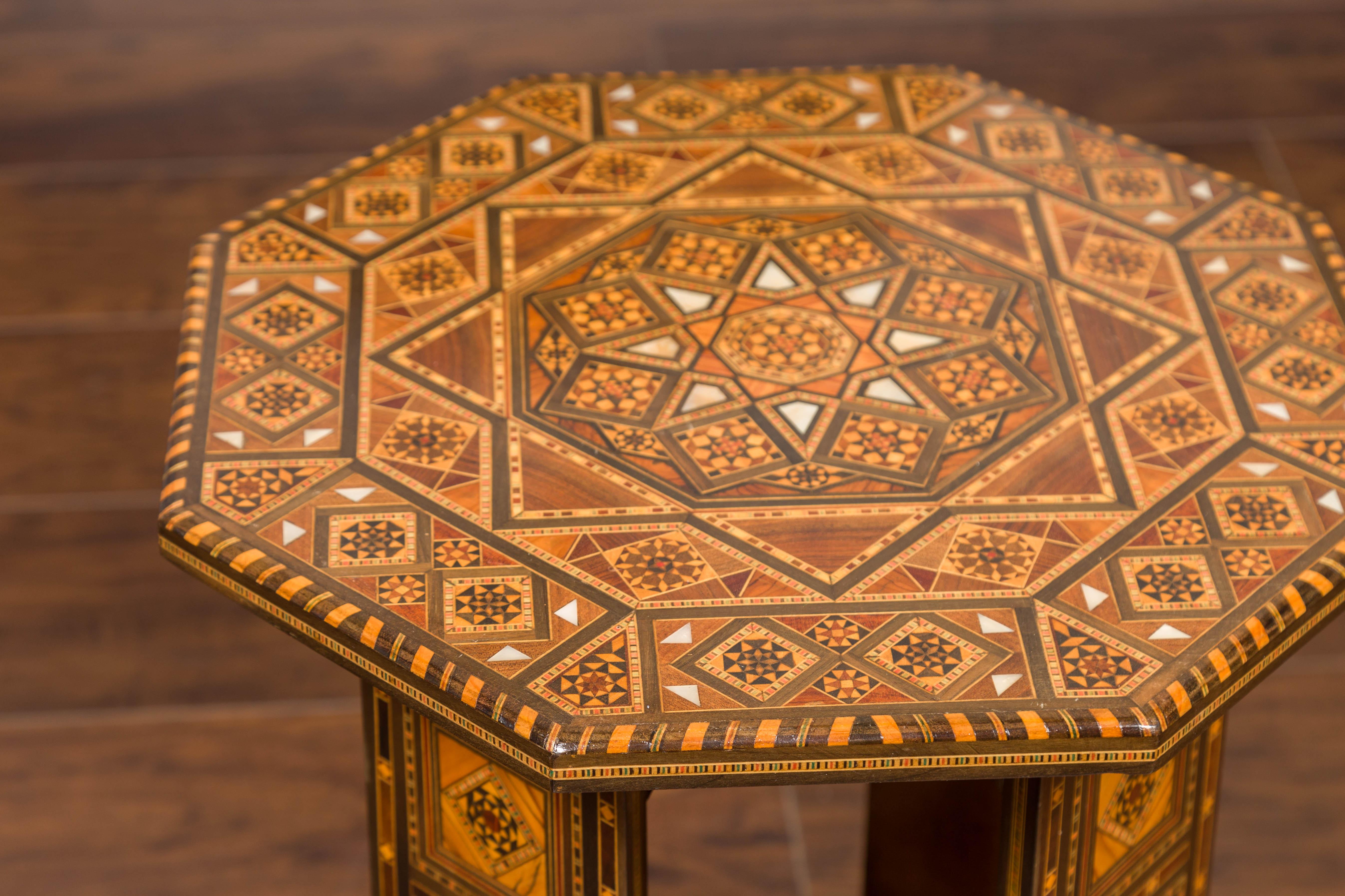 Wood Syrian Moorish Style 1920s Painted Octagonal Table with Pierced Sides and Shelf