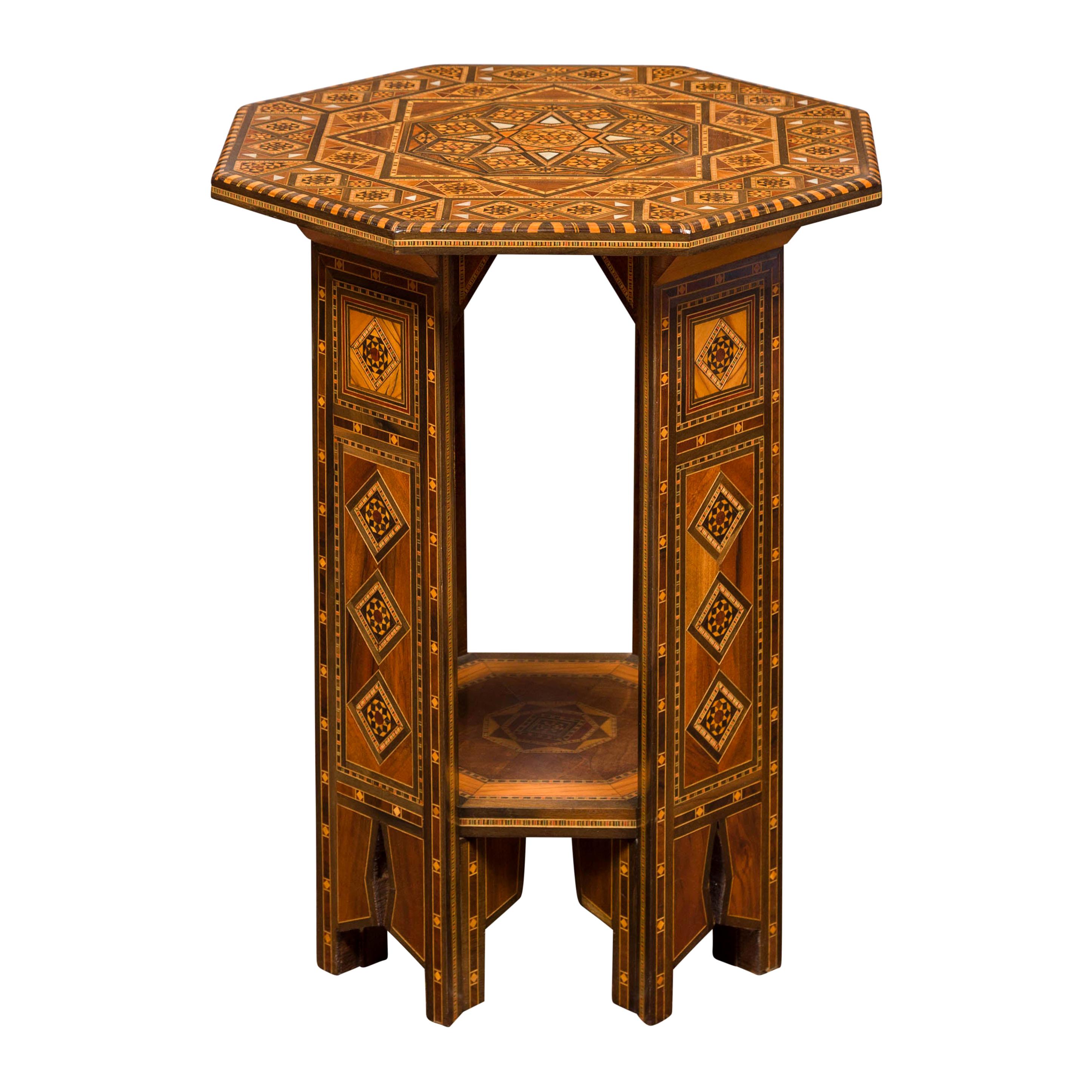 Syrian Moorish Style 1920s Painted Octagonal Table with Pierced Sides and Shelf
