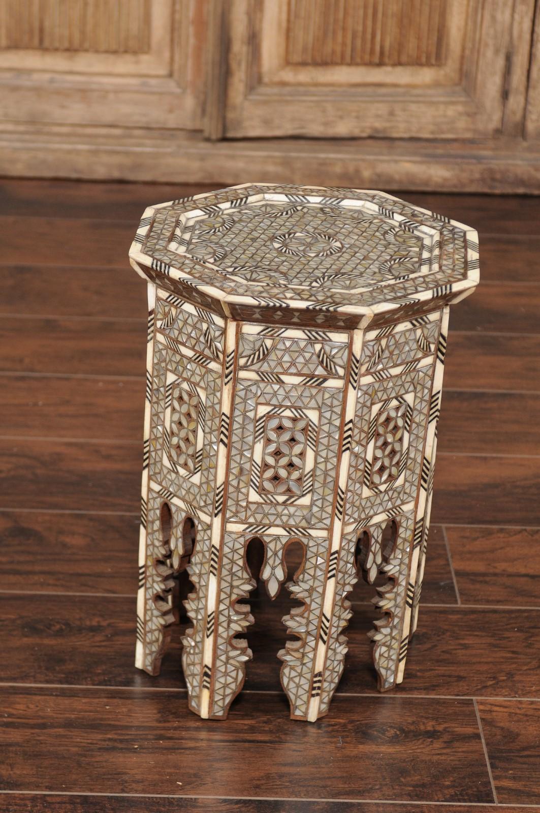 Syrian Moorish Style Hexagonal Side Table with Mother of Pearl and Bone Inlay 5