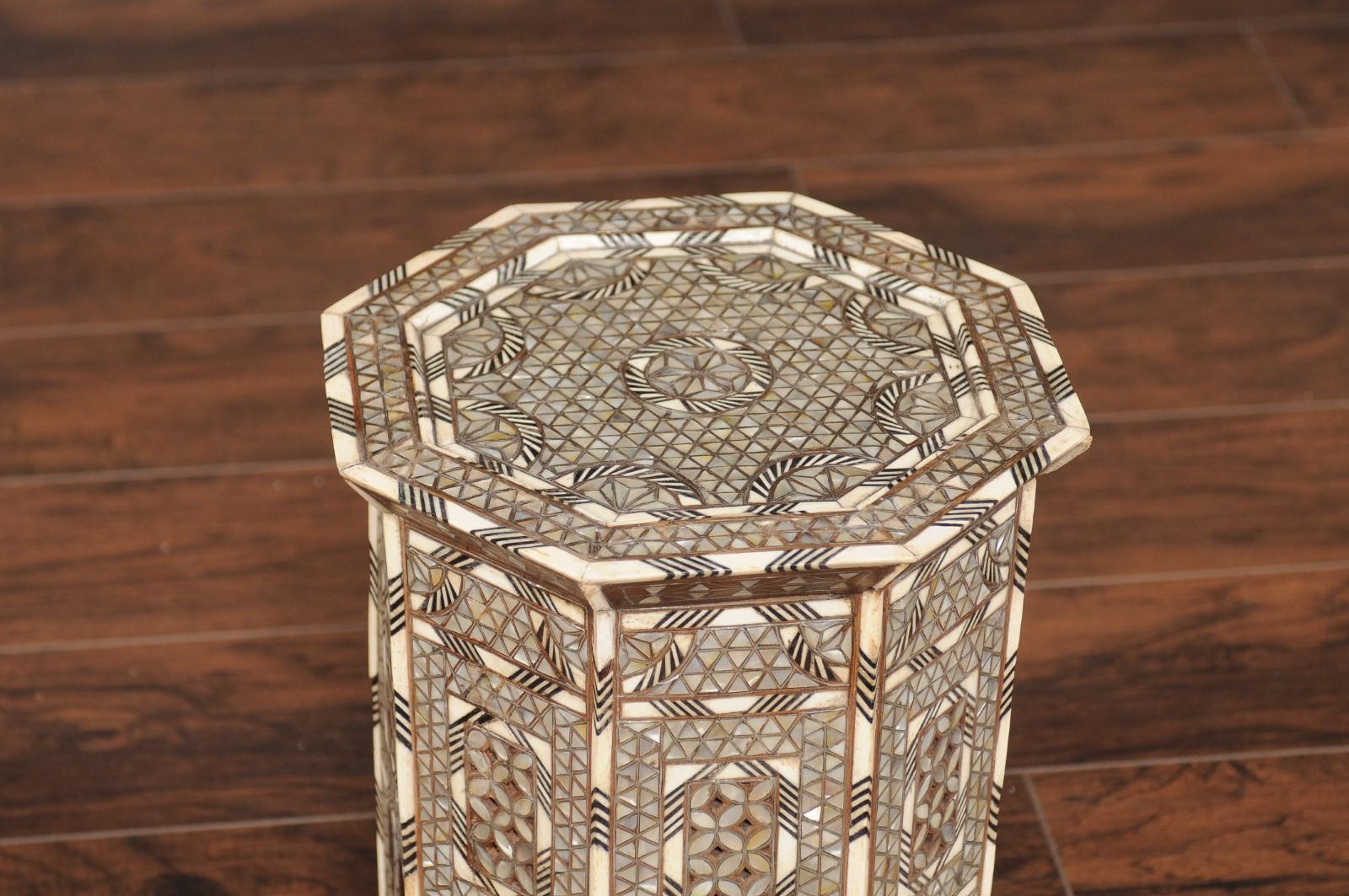 Syrian Moorish Style Hexagonal Side Table with Mother of Pearl and Bone Inlay In Good Condition In Atlanta, GA
