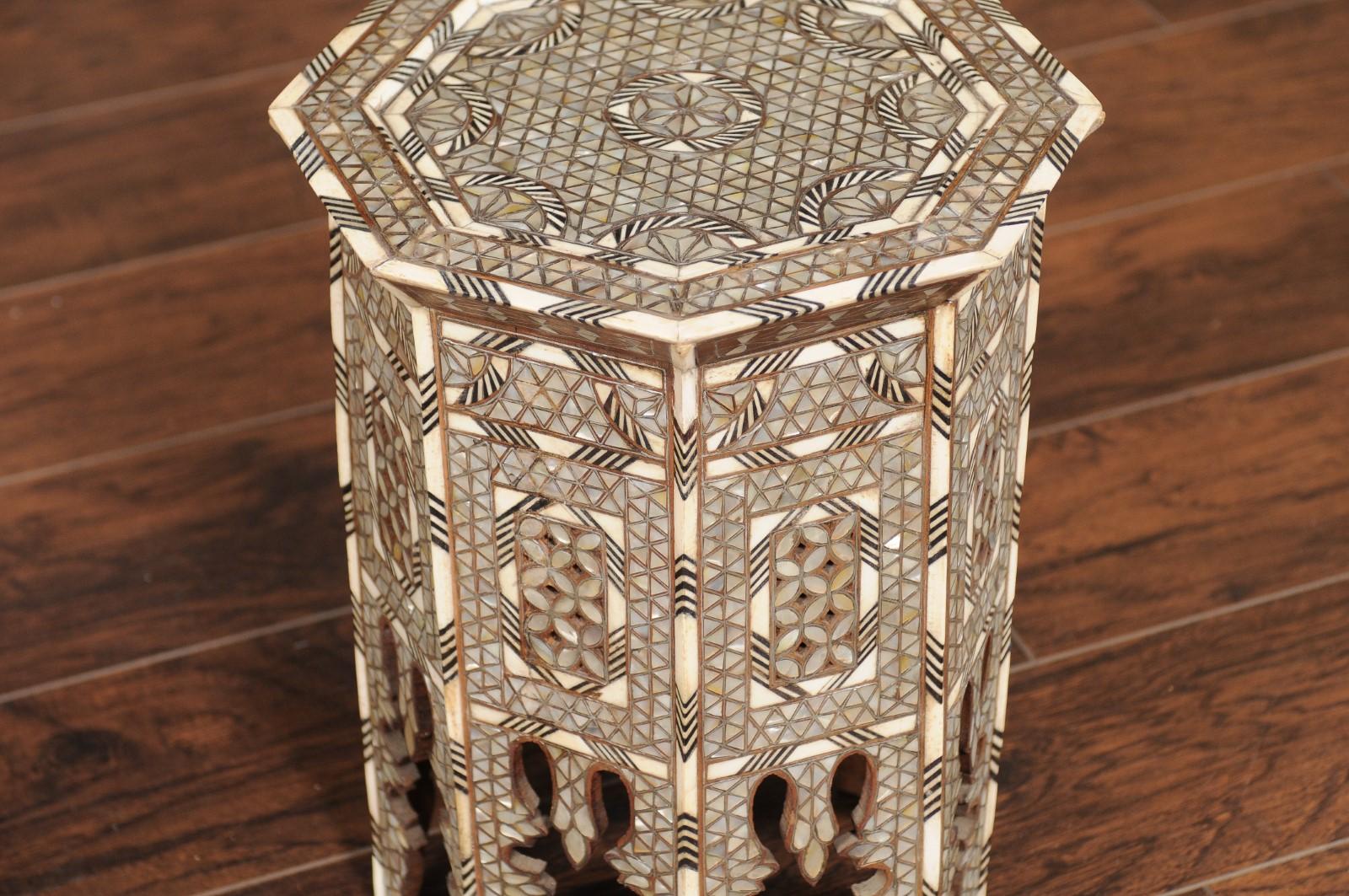 Syrian Moorish Style Hexagonal Side Table with Mother of Pearl and Bone Inlay 1