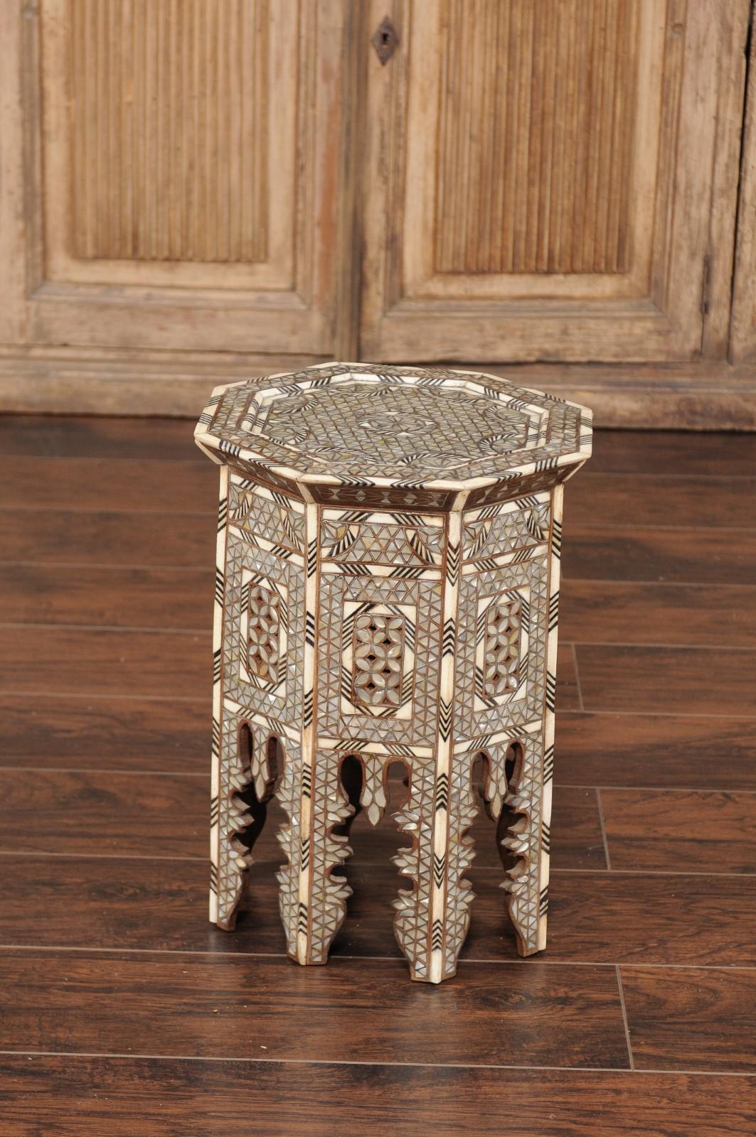 Syrian Moorish Style Hexagonal Side Table with Mother of Pearl and Bone Inlay 2