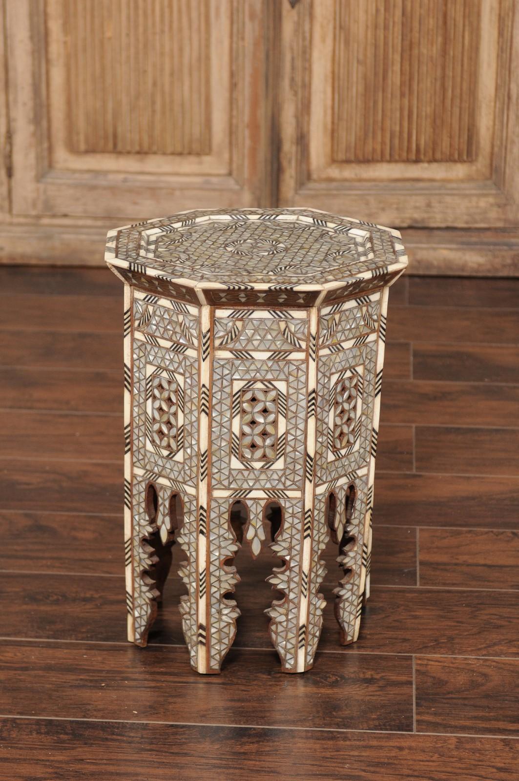 Syrian Moorish Style Hexagonal Side Table with Mother of Pearl and Bone Inlay 3