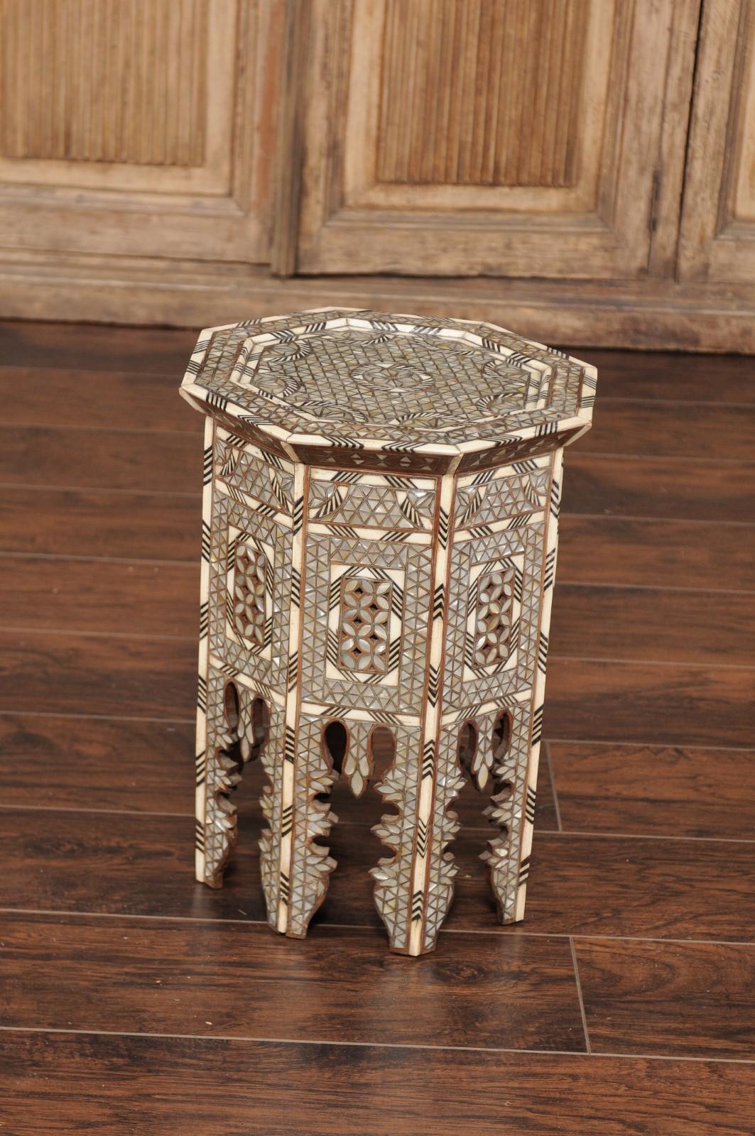 Syrian Moorish Style Hexagonal Side Table with Mother of Pearl and Bone Inlay 4