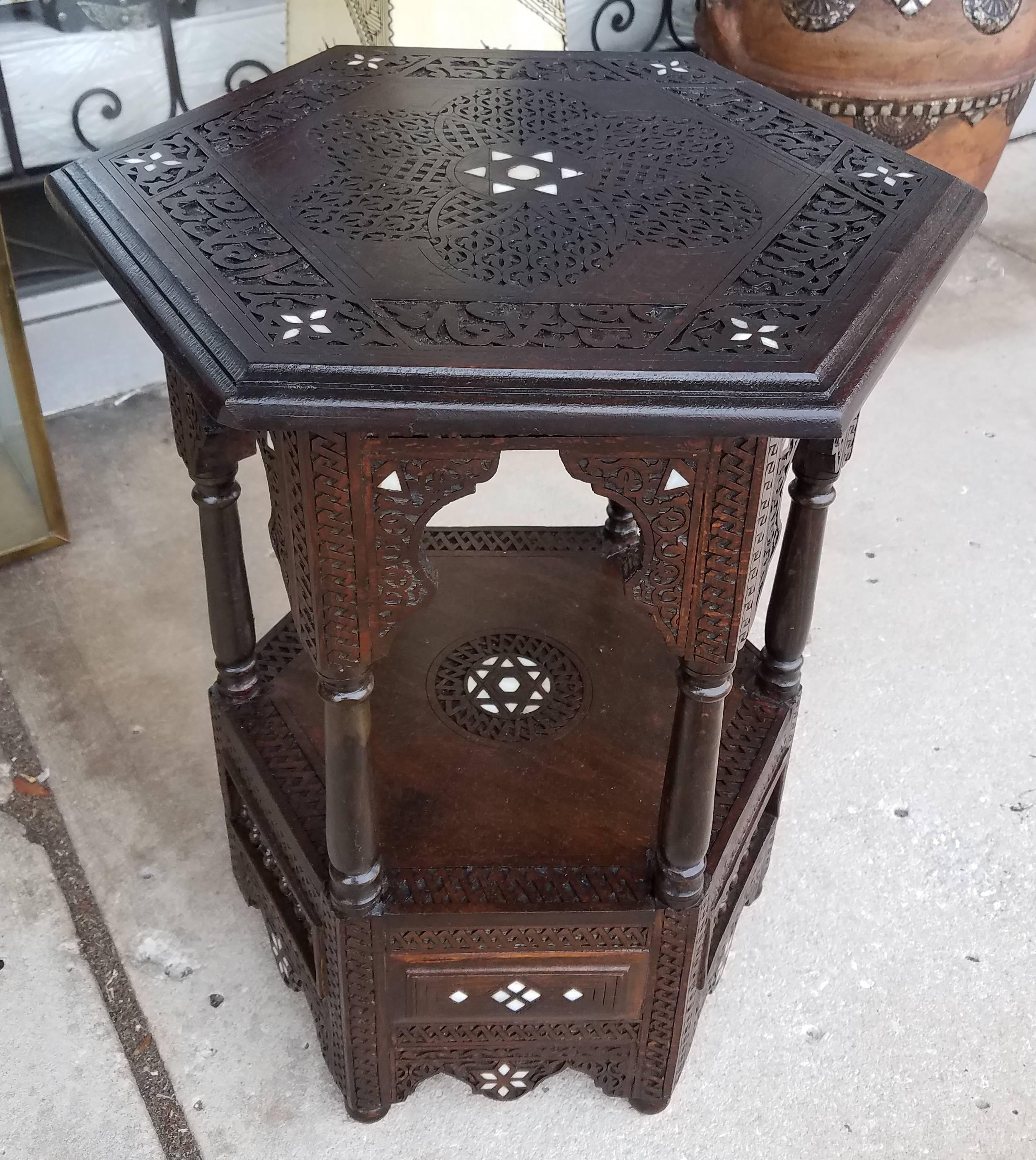 Syrian Moroccan Mother-of-Pearl Side Table Walnut Wood For Sale 2