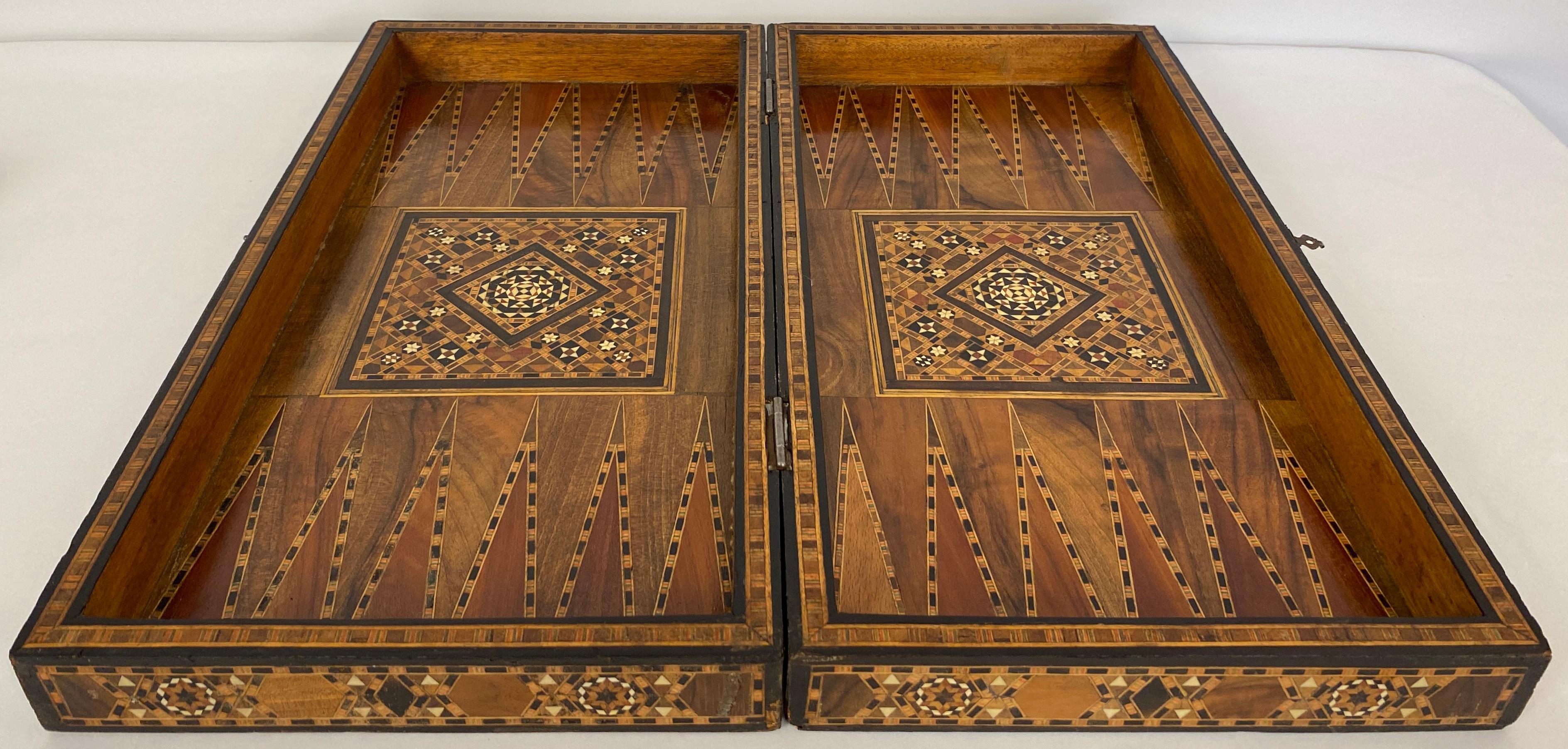 Hand-Carved Syrian Mosaic Wooden Inlaid Marquetry Box Backgammon Set