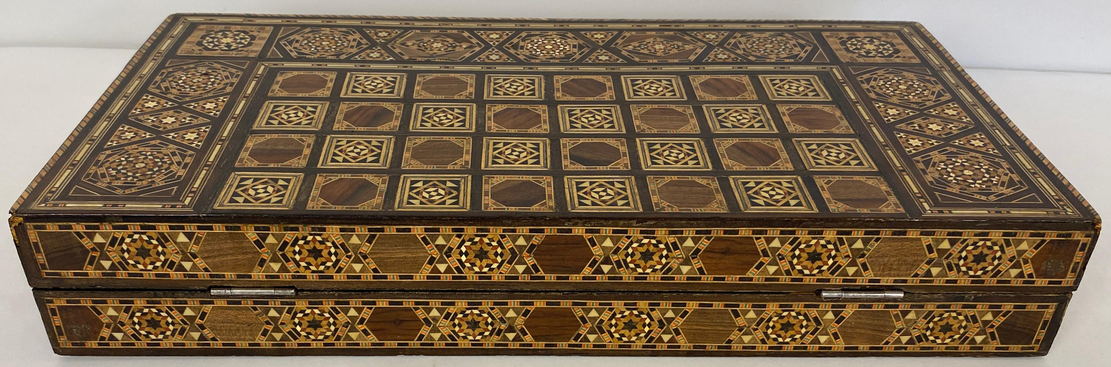 Leather Syrian Mosaic Wooden Inlaid Marquetry Box Backgammon Set