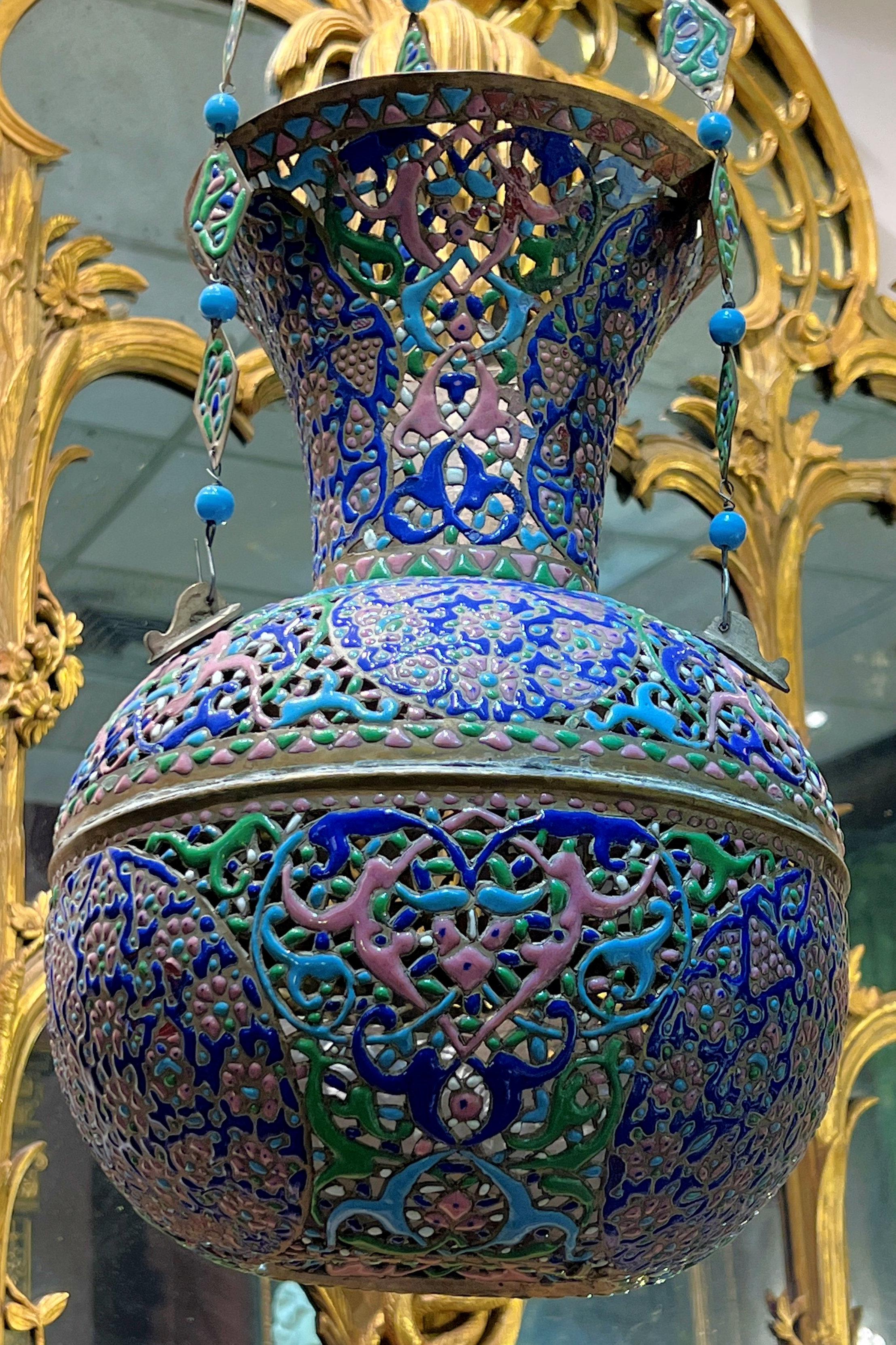 Syrian Mosque Lamp in Enameled Openwork Copper For Sale 3