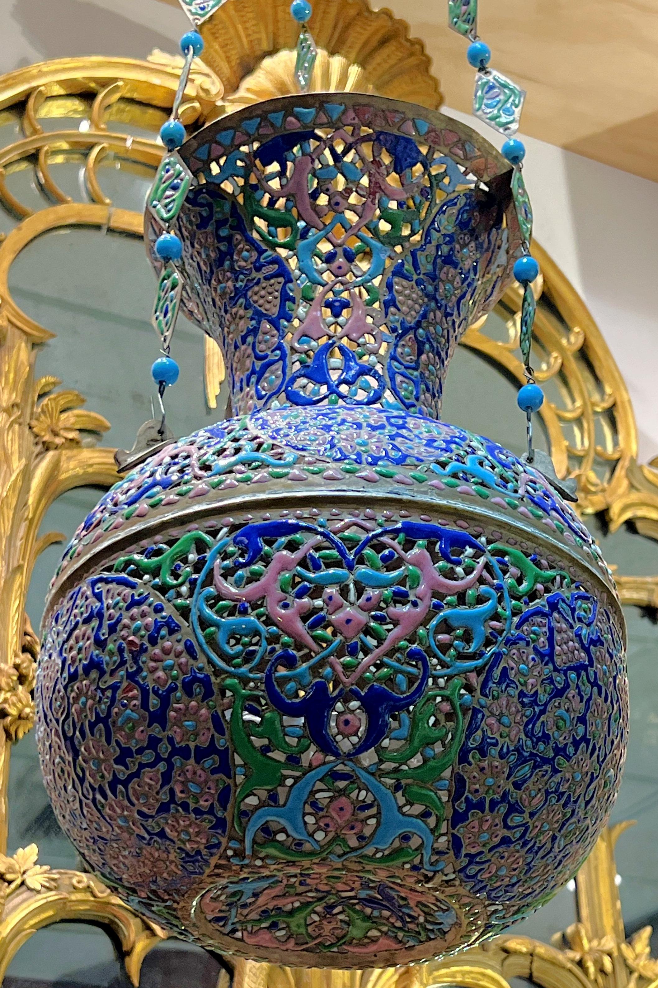 Syrian Mosque Lamp in Enameled Openwork Copper In Good Condition For Sale In New York, US