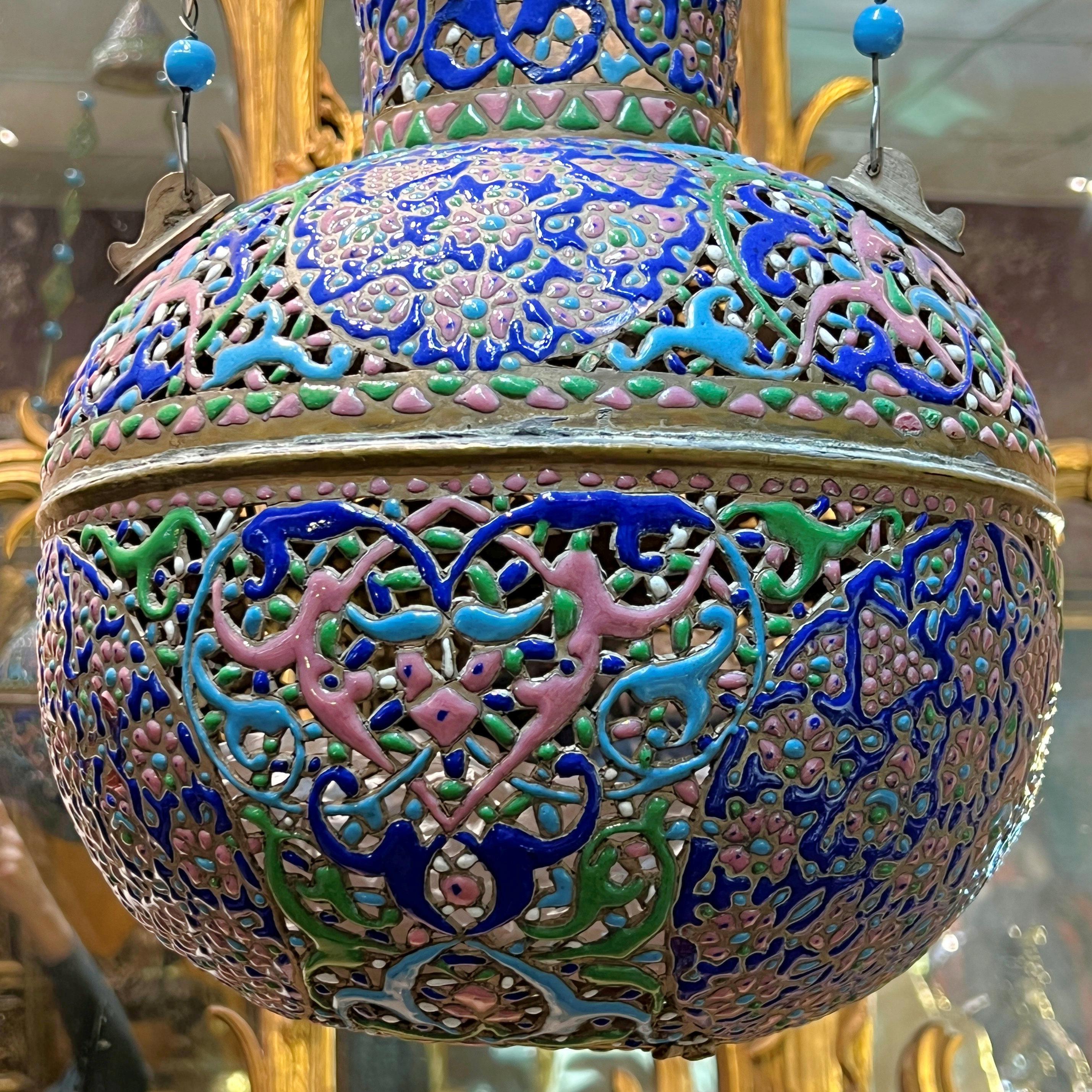 18th Century Syrian Mosque Lamp in Enameled Openwork Copper For Sale