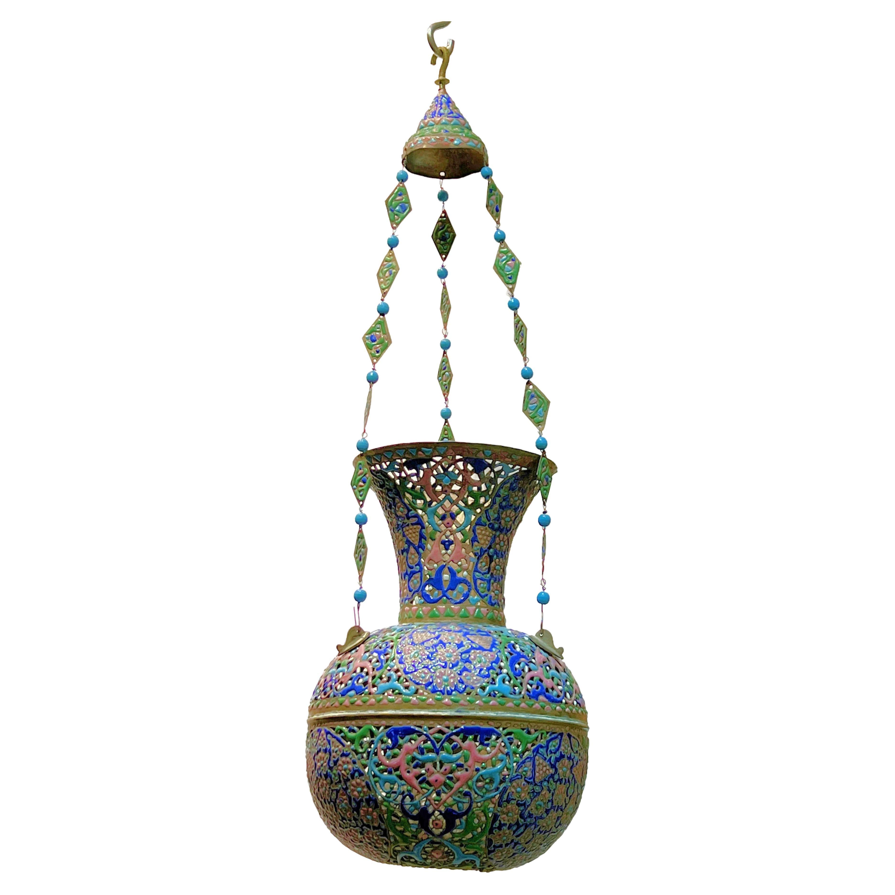 Syrian Mosque Lamp in Enameled Openwork Copper For Sale