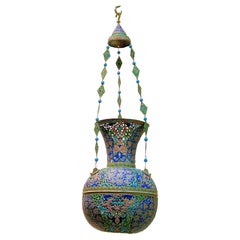 Lampe de mosquée syrienne en cuivre ajouré émaillé