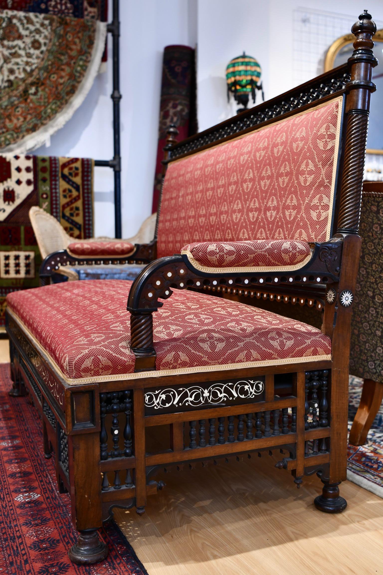 Hand-Carved Syrian Mother of Pearl Inlay and Carved Sofa