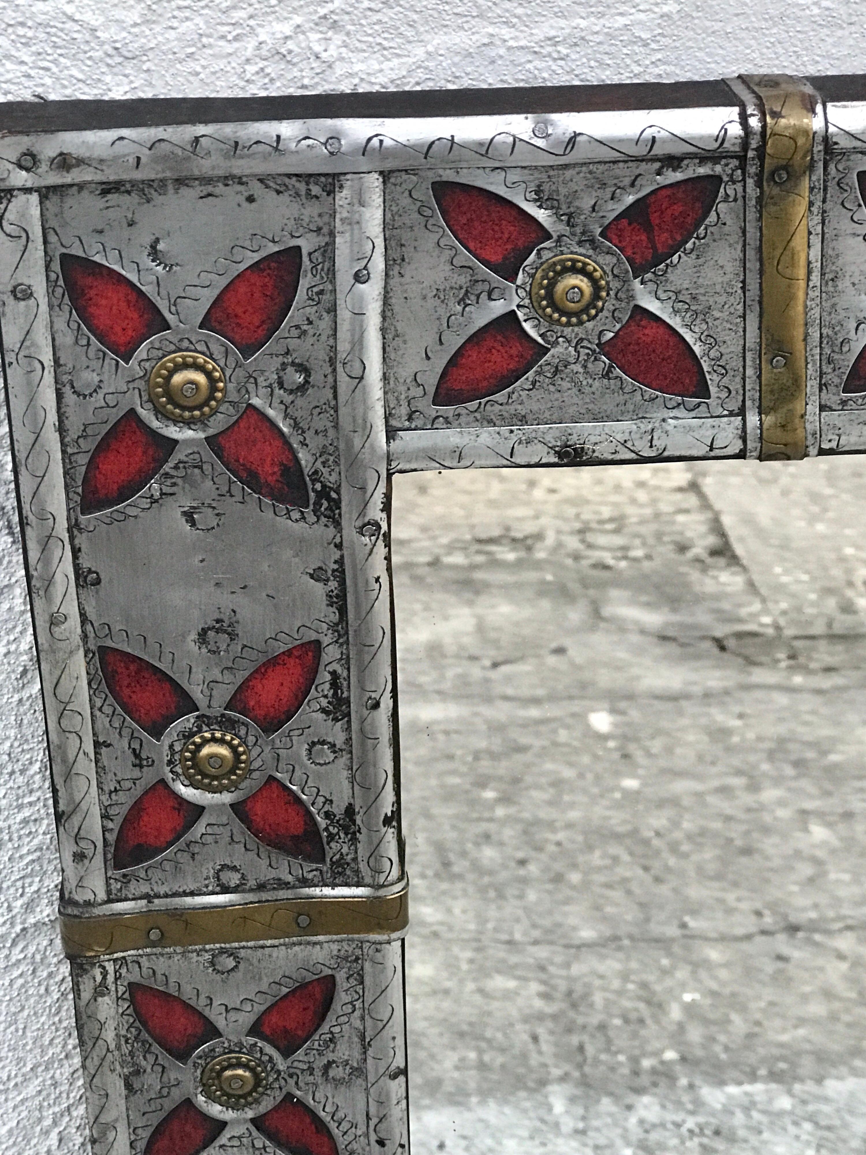 Syrian Pewter, Brass and Enameled Mirror In Good Condition In West Palm Beach, FL