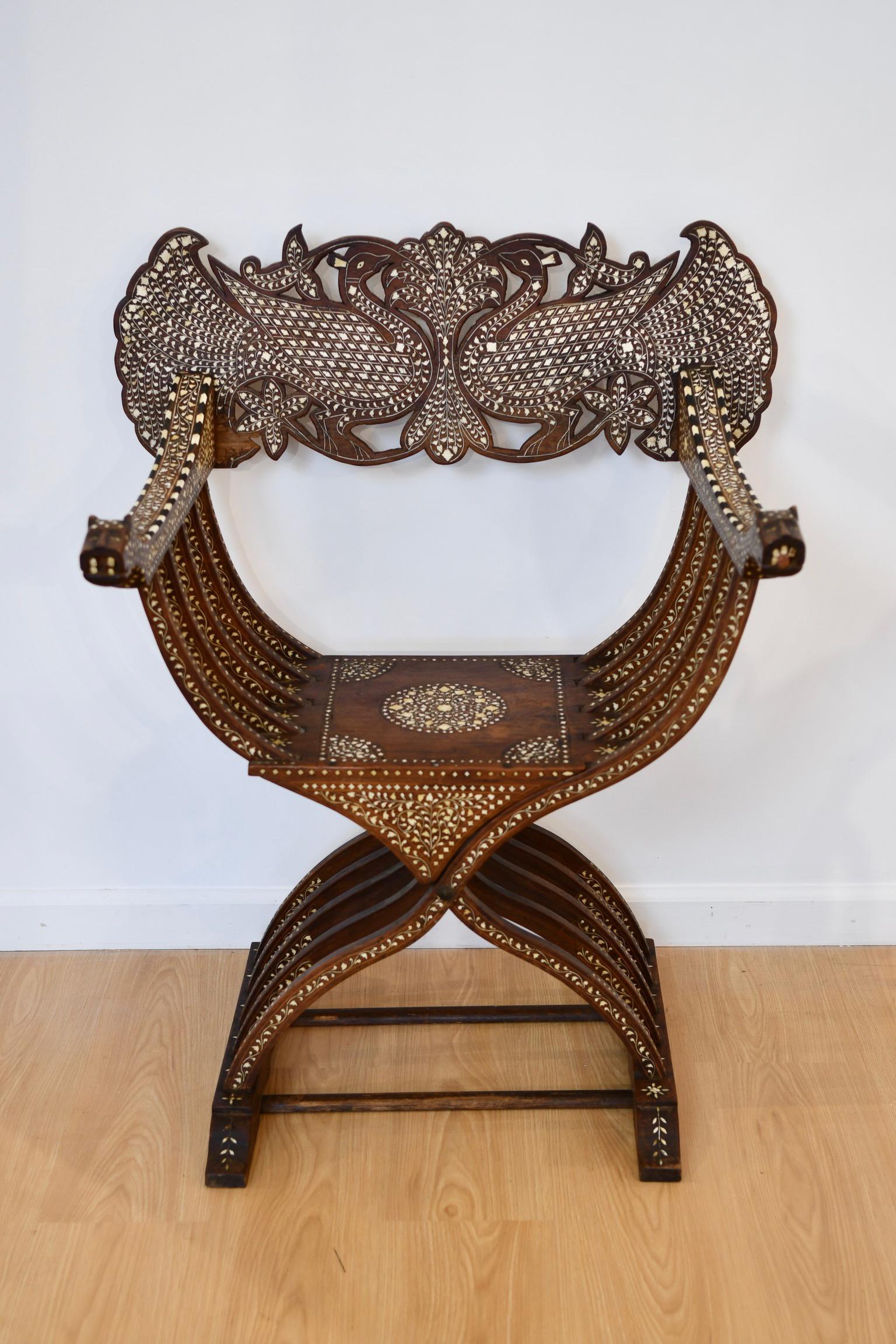 Syrian Savonarola Chair with Mother of Pearl For Sale 9