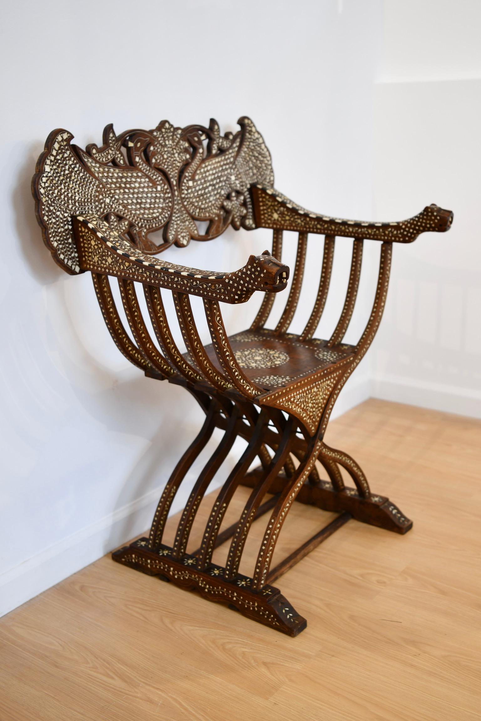 Islamic Syrian Savonarola Chair with Mother of Pearl For Sale