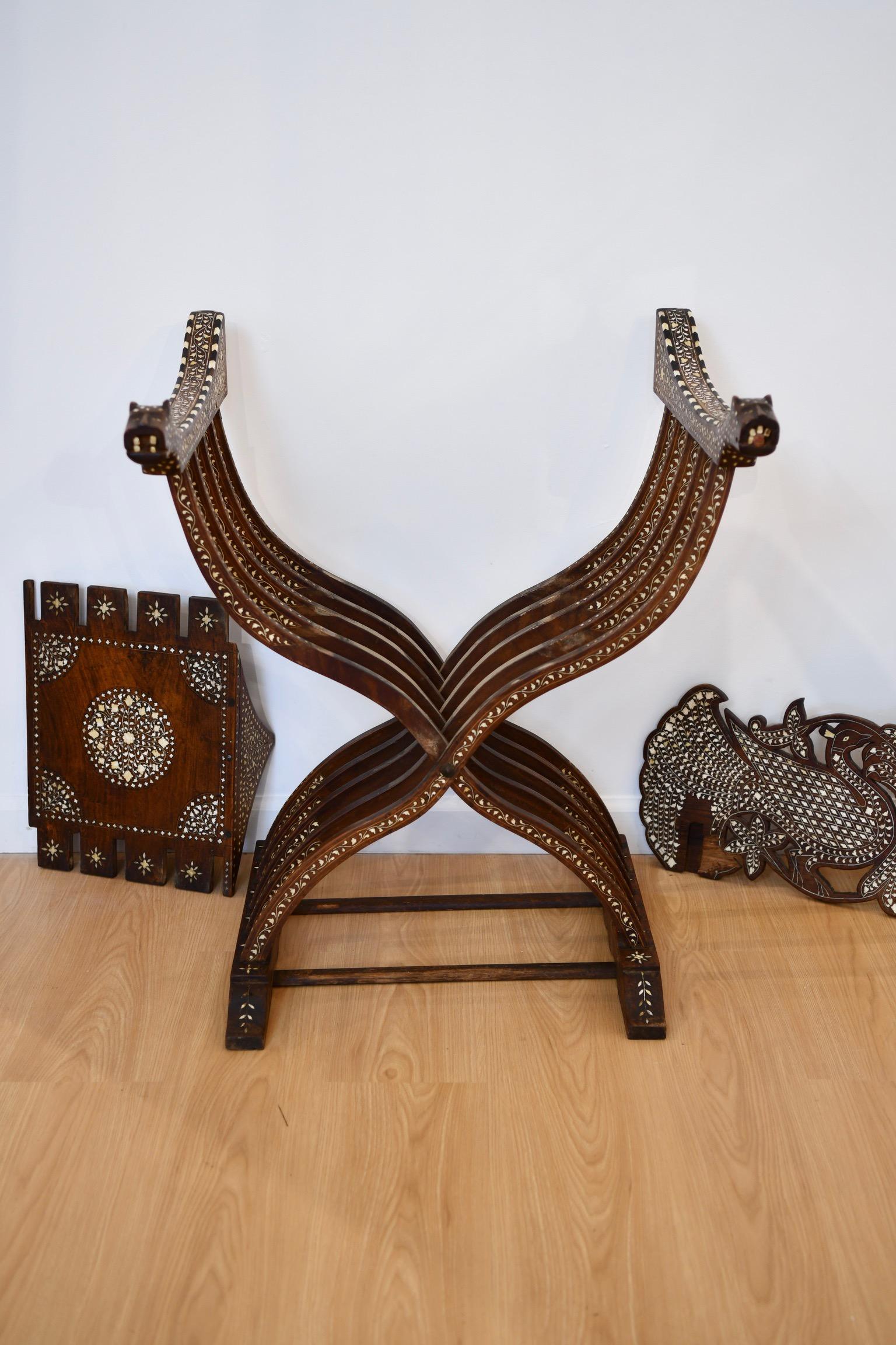 Hand-Carved Syrian Savonarola Chair with Mother of Pearl For Sale