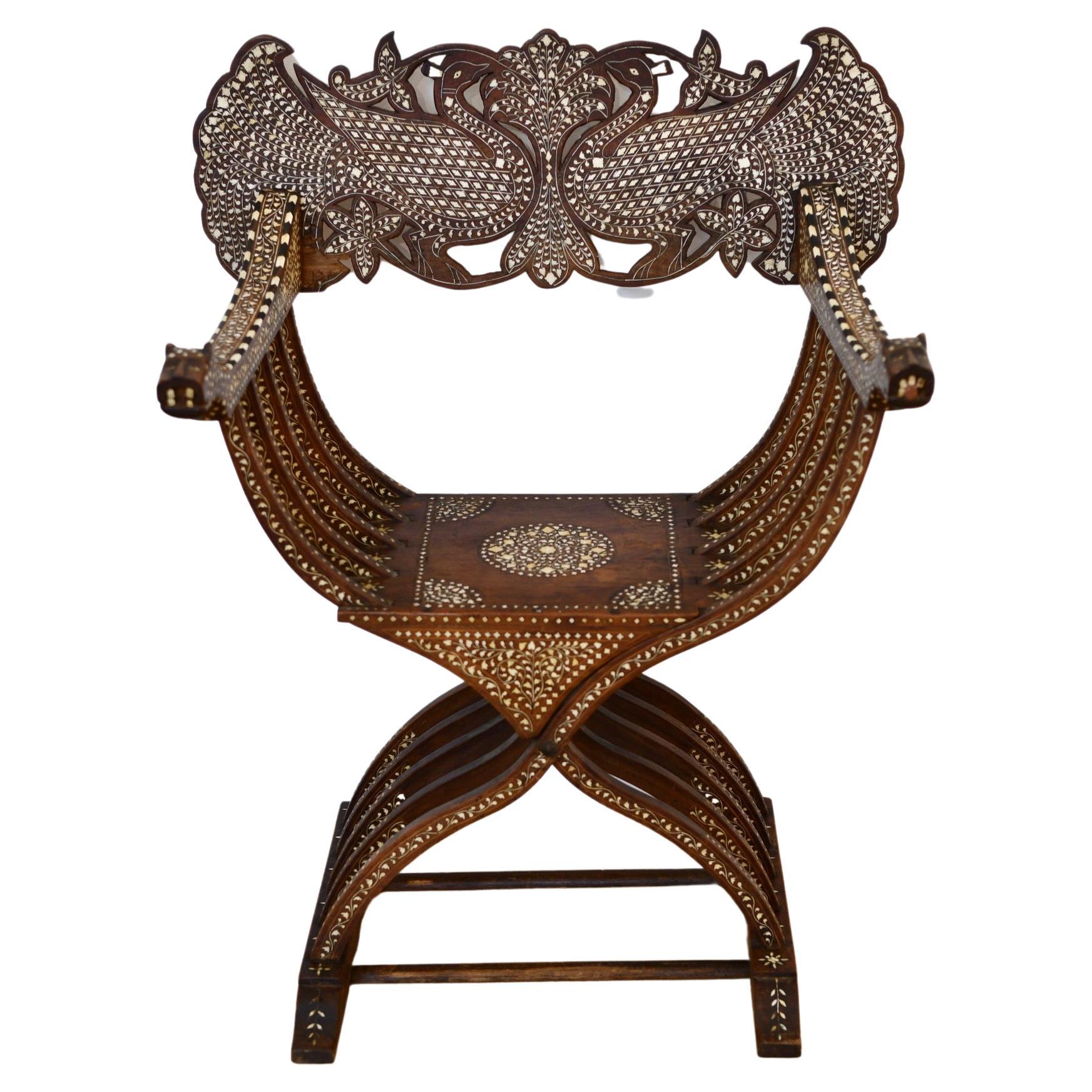 Syrian Savonarola Chair with Mother of Pearl For Sale